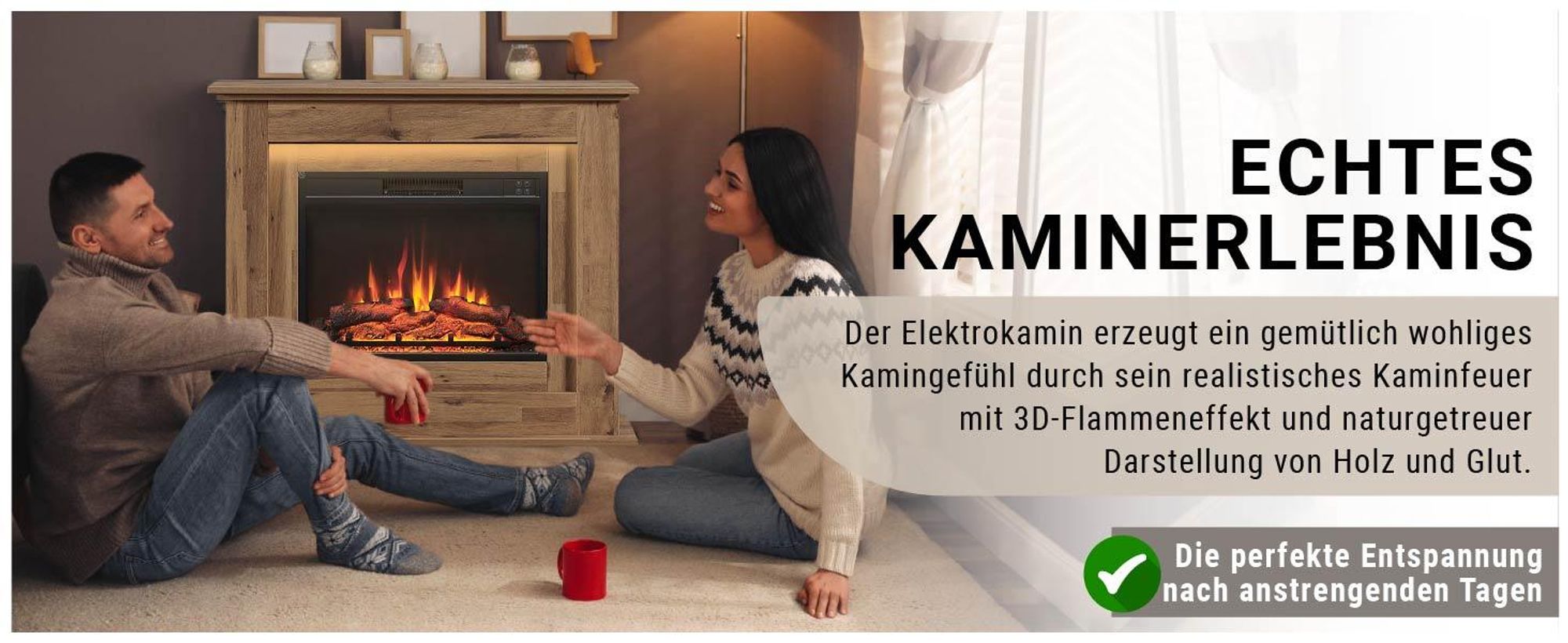 Das Bild zeigt den elektrischen Standkamin Finn der Marke BALDERIA in der Farbe Dunkle Eiche