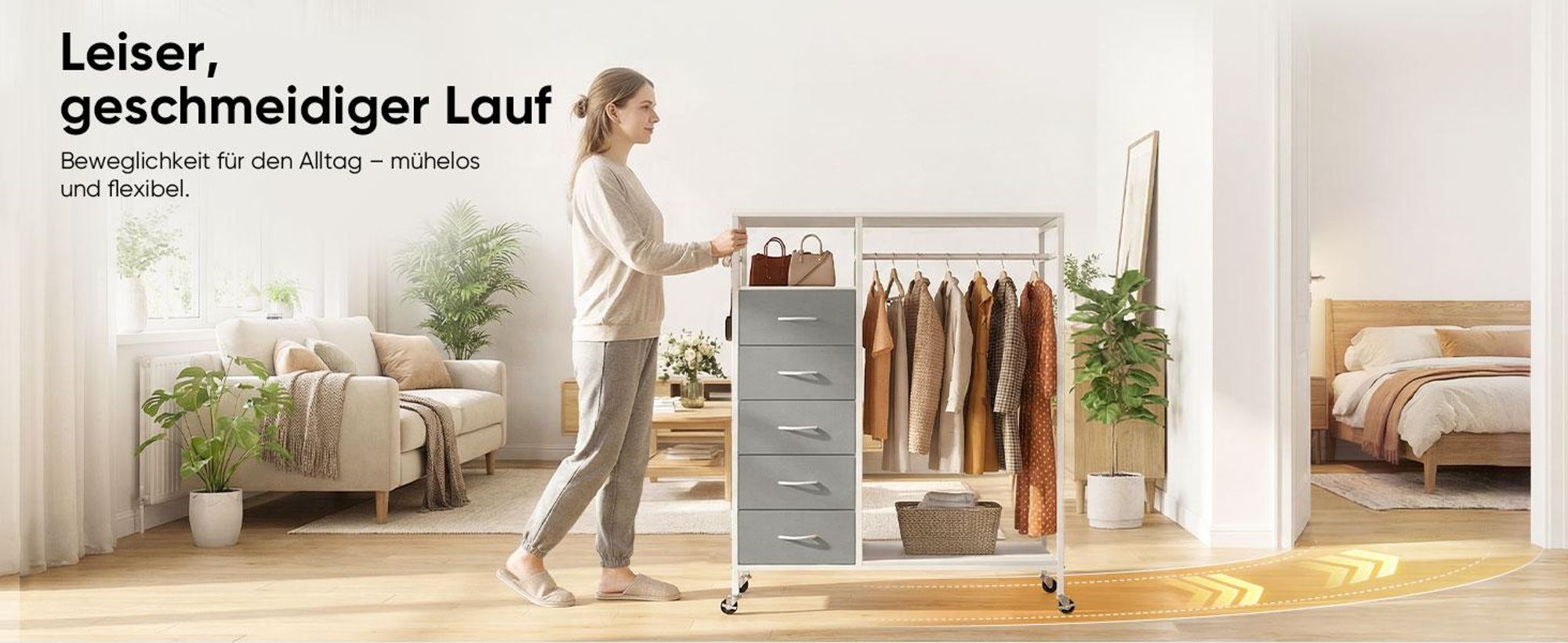 HOKEEPER Kleiderständer,Offener Kleiderschrank,Kleiderständer auf Rollen,Kleiderstange,Fahrbarer Kleiderständer mit Schubladen,Clothes rack,Haken,Grau