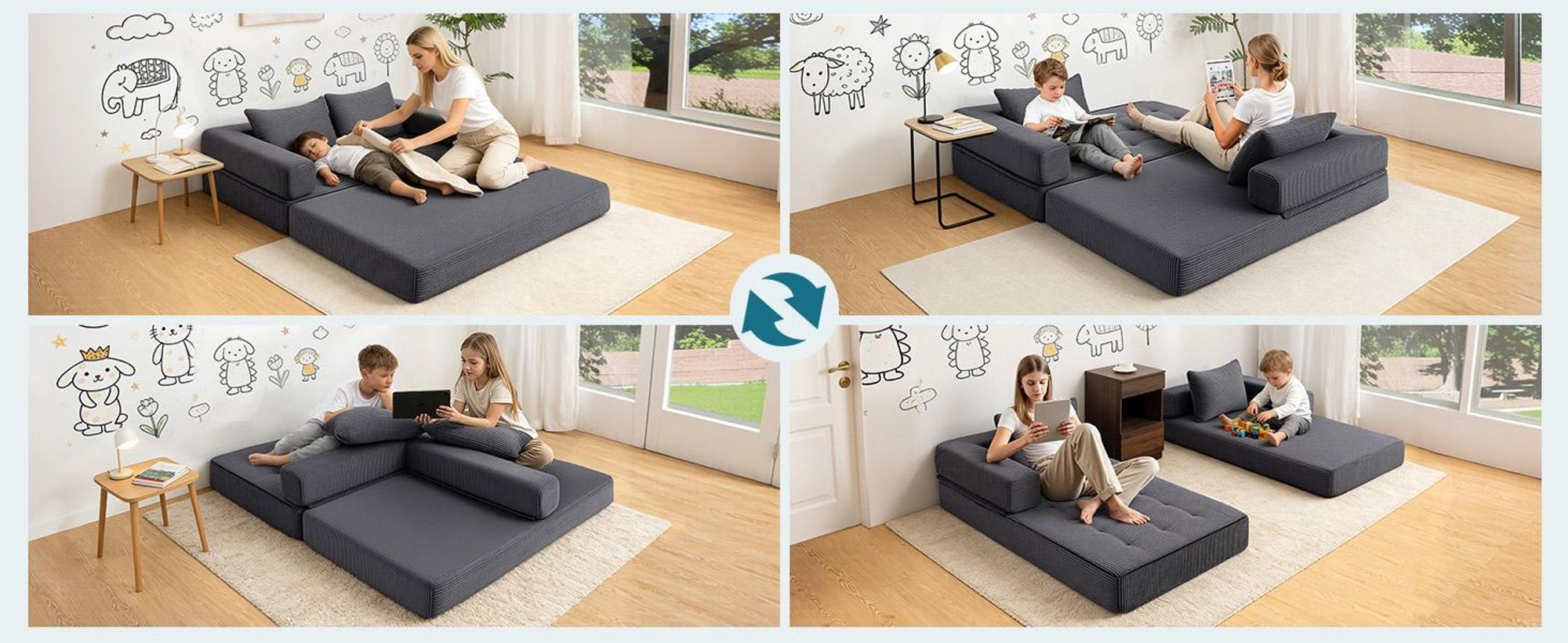HOMMPA 5-in-1 Klapp-Schlafsofa, extragroß, Bodenschlafsofa, Cord-Klappmatratze, Sofa für Wohnzimmer, Schlafzimmer, Lounge, Queen 180x148cm, Grau