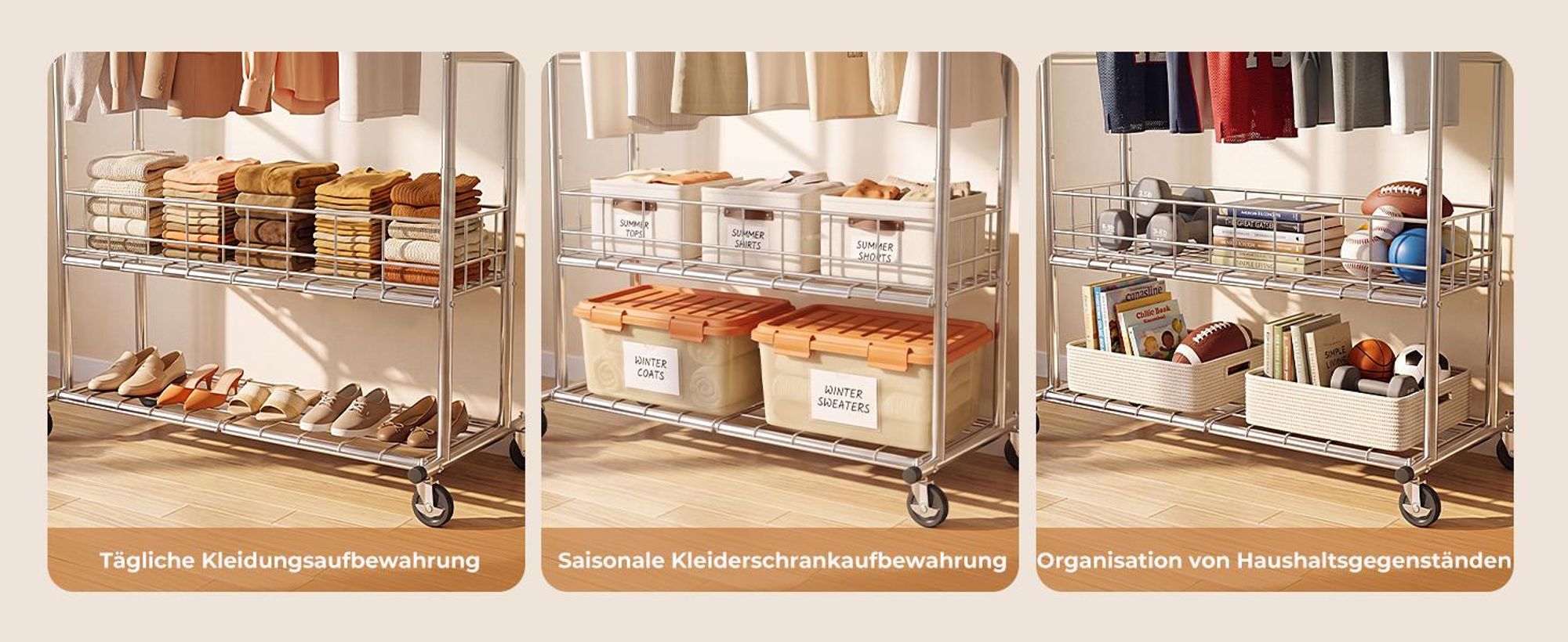 HOKEEPER Schwerlast Kleiderstange auf Rollen, Doppelter Kleiderstange, bis 283 kg belastbar, Industrie-Design, Garderobenständer