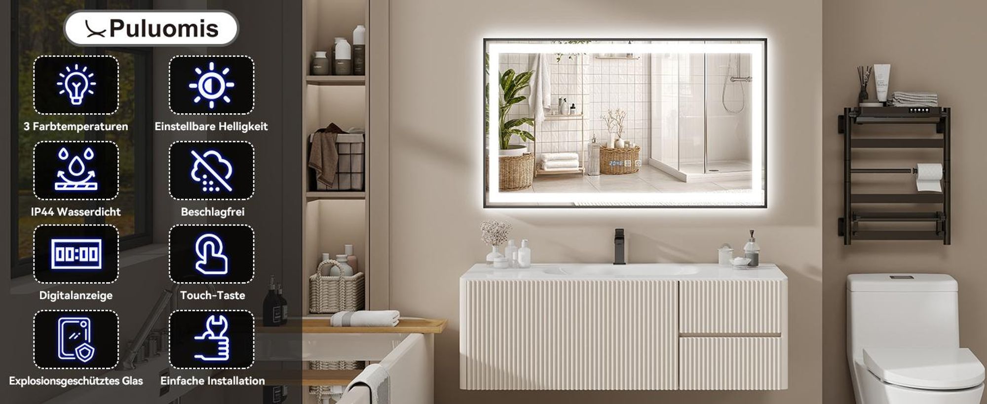 Puluomis Badspiegel 100x60 beschlagfrei mit 3 Farbe Beleuchtung, dimmbare Helligkeit, Badezimmerspiegel mit Digitaluhr, Temperatur schwarz