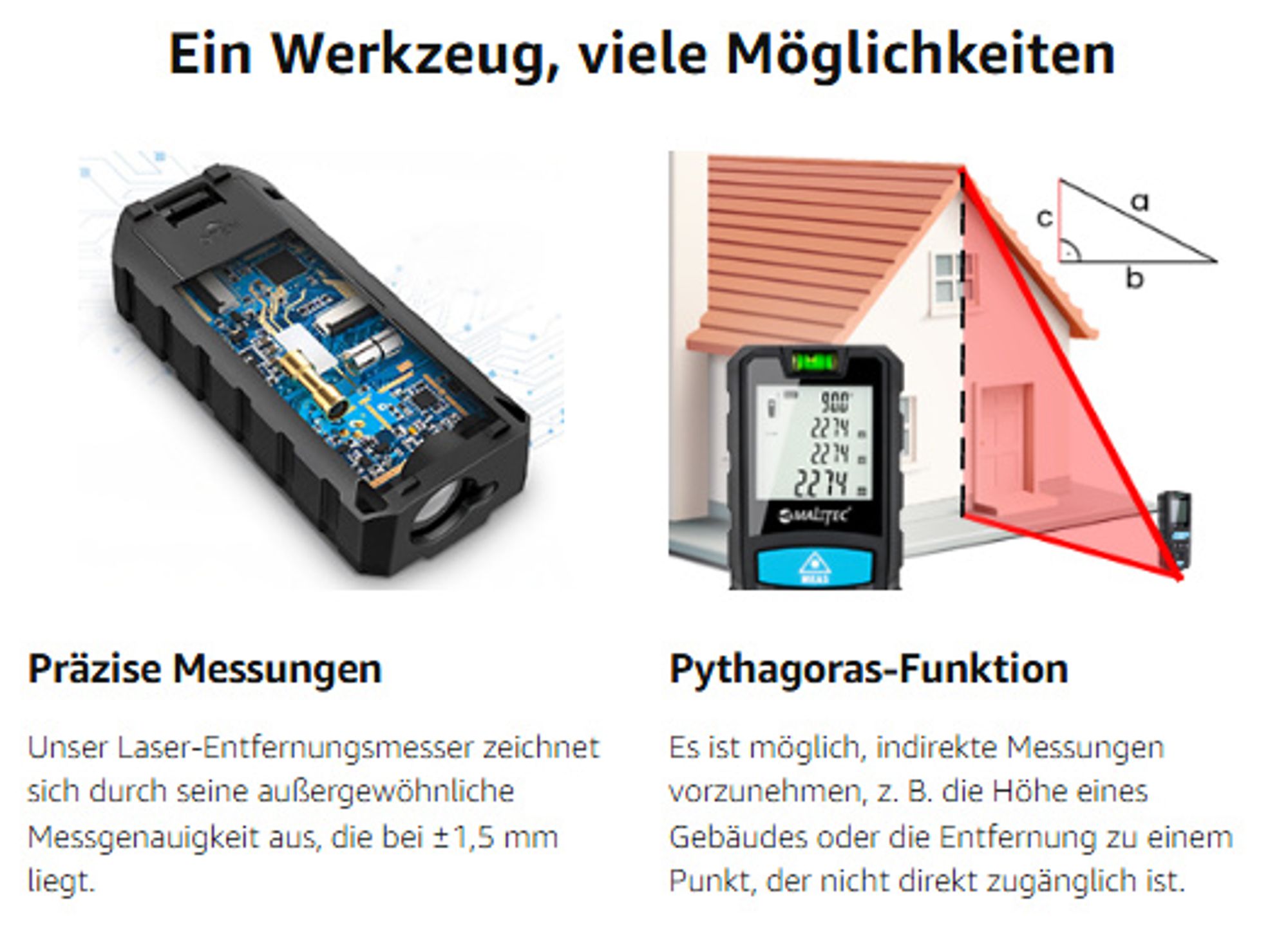 MalTec Laser-Entfernungsmesser 50m Digitaler Winkelmesser Level Wasserwage Präzisionsinstrument mit Etui