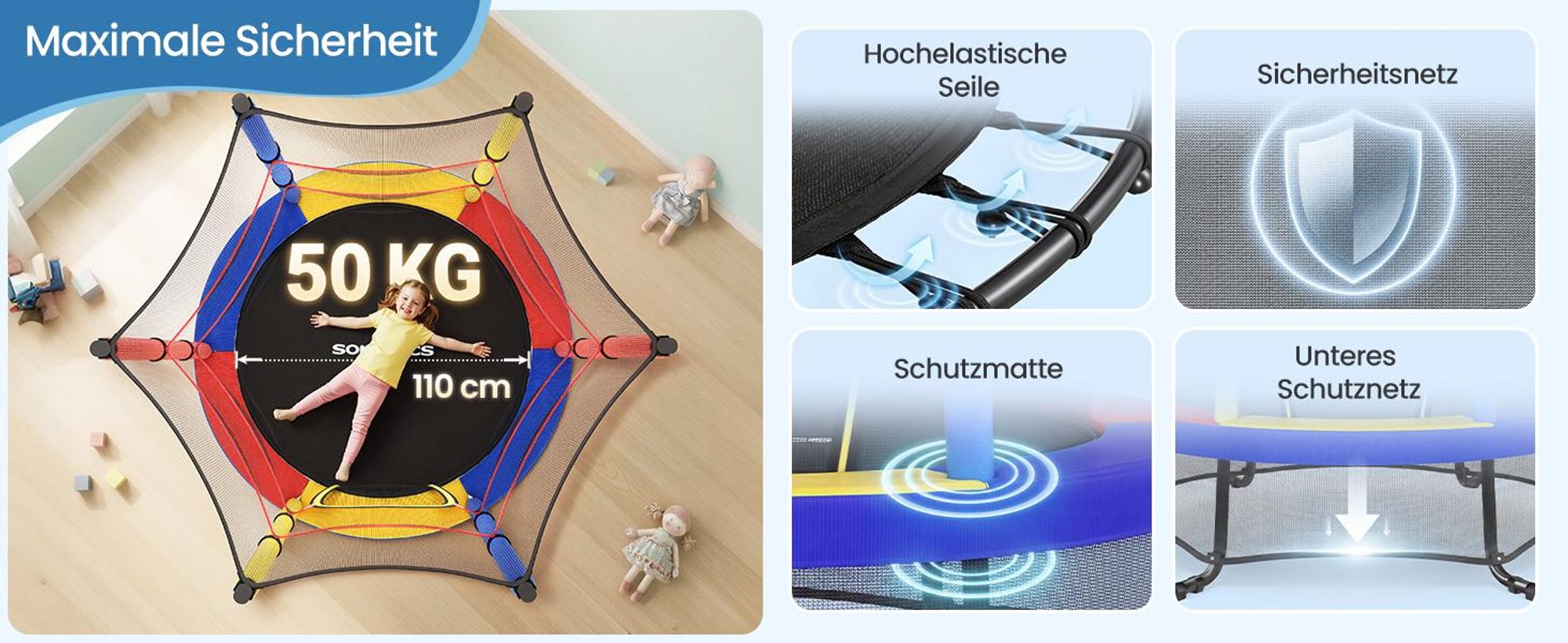 SONGMICS Trampolin Kinder, 174 cm Gartentrampolin mit Sicherheitsnetz, Mini-Trampolin für innen und außen, Stahlrahmen, bunt