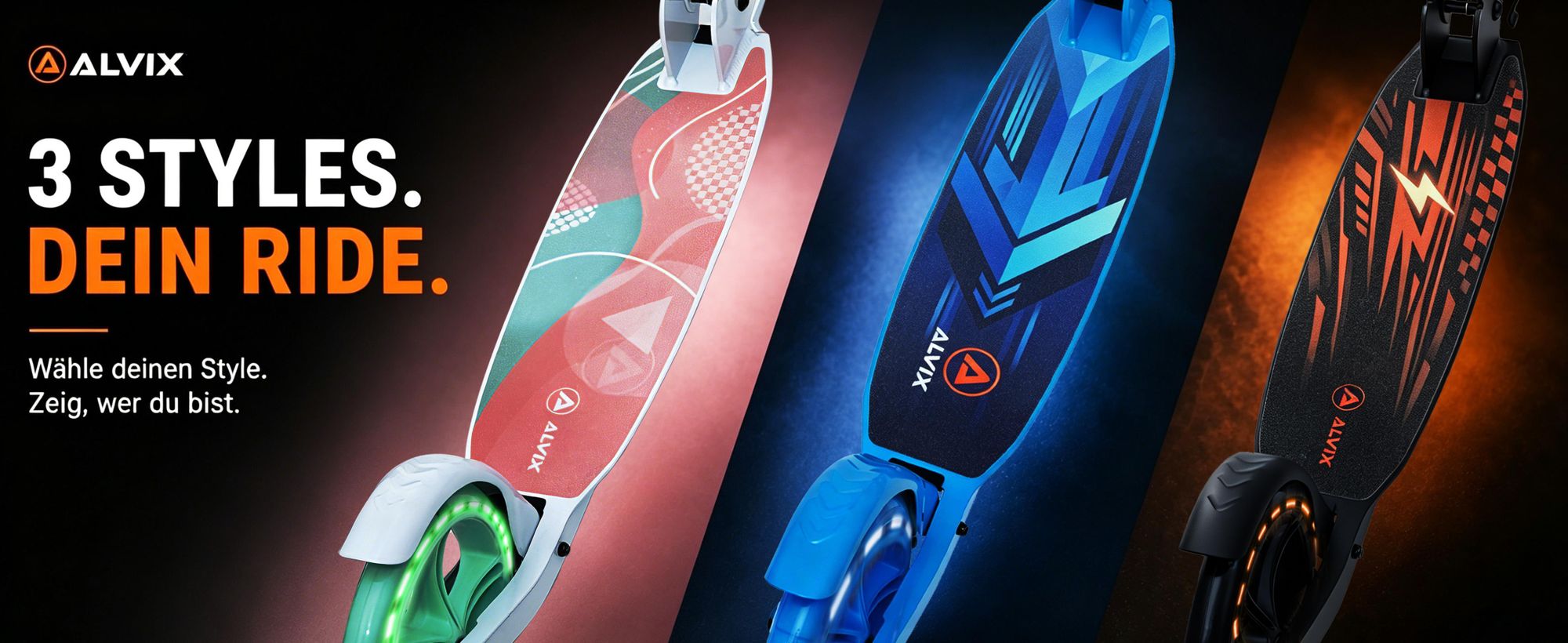 ALVIX Kinder-Scooter: 3 Designs, starke Deck-Grafiken und Leuchträder ohne Batterien.