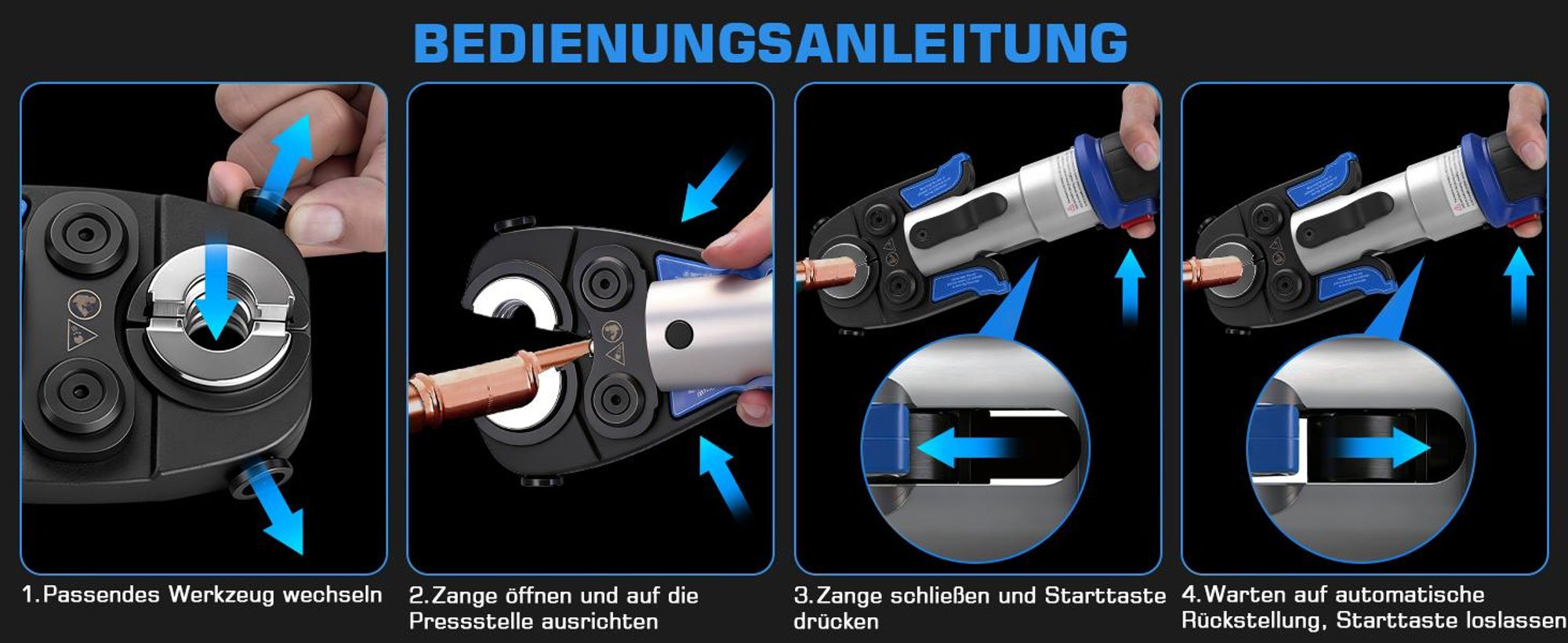 60kN Akku Presszange Verbundrohr Set mit TH + V-Kontur (TH16 20 26 32 und V12 15 18 22 28) Elektrisches Presszange Kupferrohr incl 2 * 5 Ah Akkus LCD