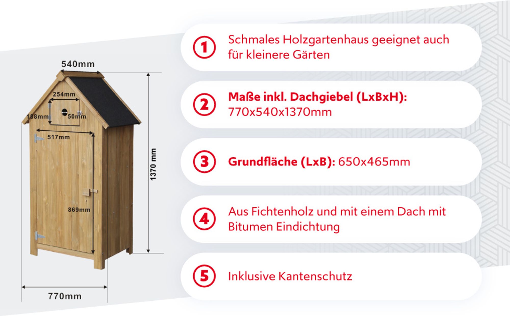 Wiltec Gartenhaus schmal aus Fichtenholz mit Bitumendach 770x540x1370mm für Garten, Terrasse & Balkon Gerätehaus Geräteschuppen Holzhaus Werkzeugschrank