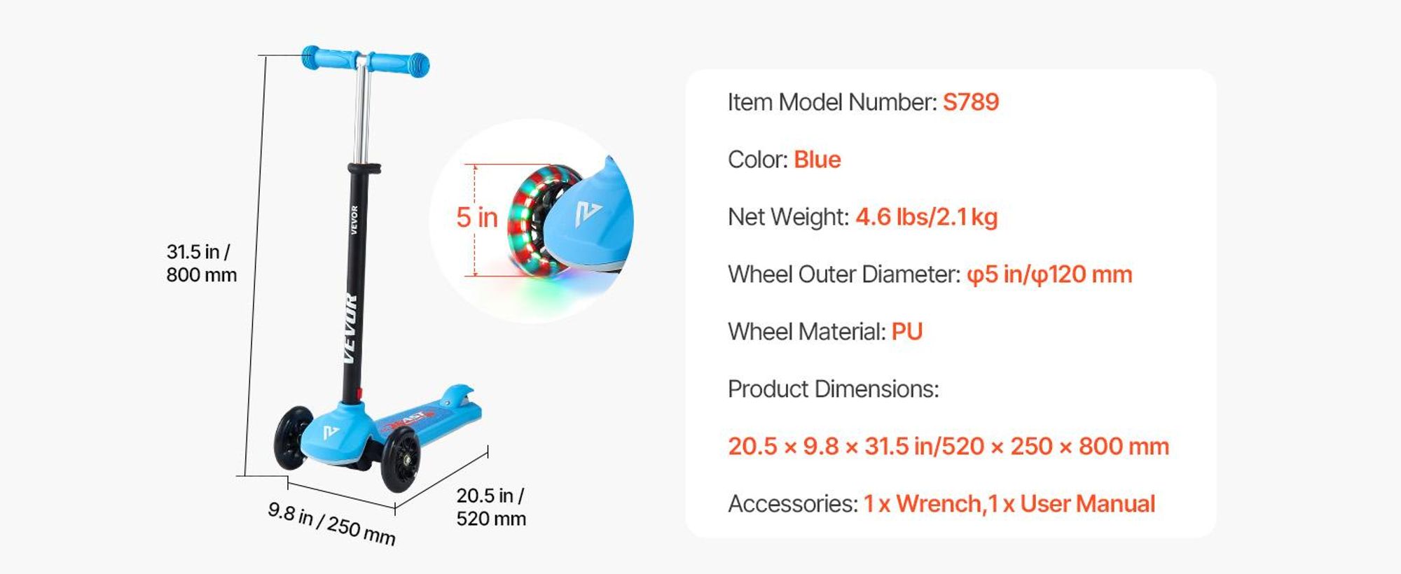 VEVOR Scooter (3 Räder) ab 3 Jahren, Cityroller Kinderroller mit leuchtenden Rädern & höhenverstellbarem Lenker & rutschfestem Deck & leichtem Aluminiumrahmen, Tretroller bis zu 75 kg, Blau