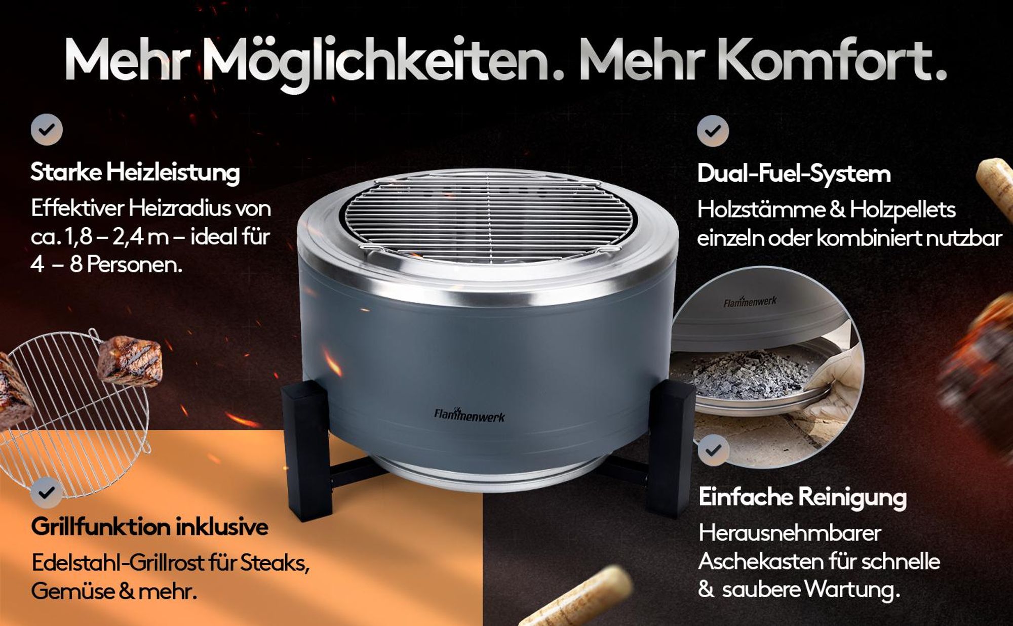 Flammenwerk 15 Zoll Smokeless Fire Pit Feuerstelle mit Sekundärverbrennung, Outdoor Feuerschale Ø 38,4 cm mit Grillrost, Standfuß und Schürhaken, raucharme Garten Feuerstelle aus Stahl für Terrasse Camping Garten
