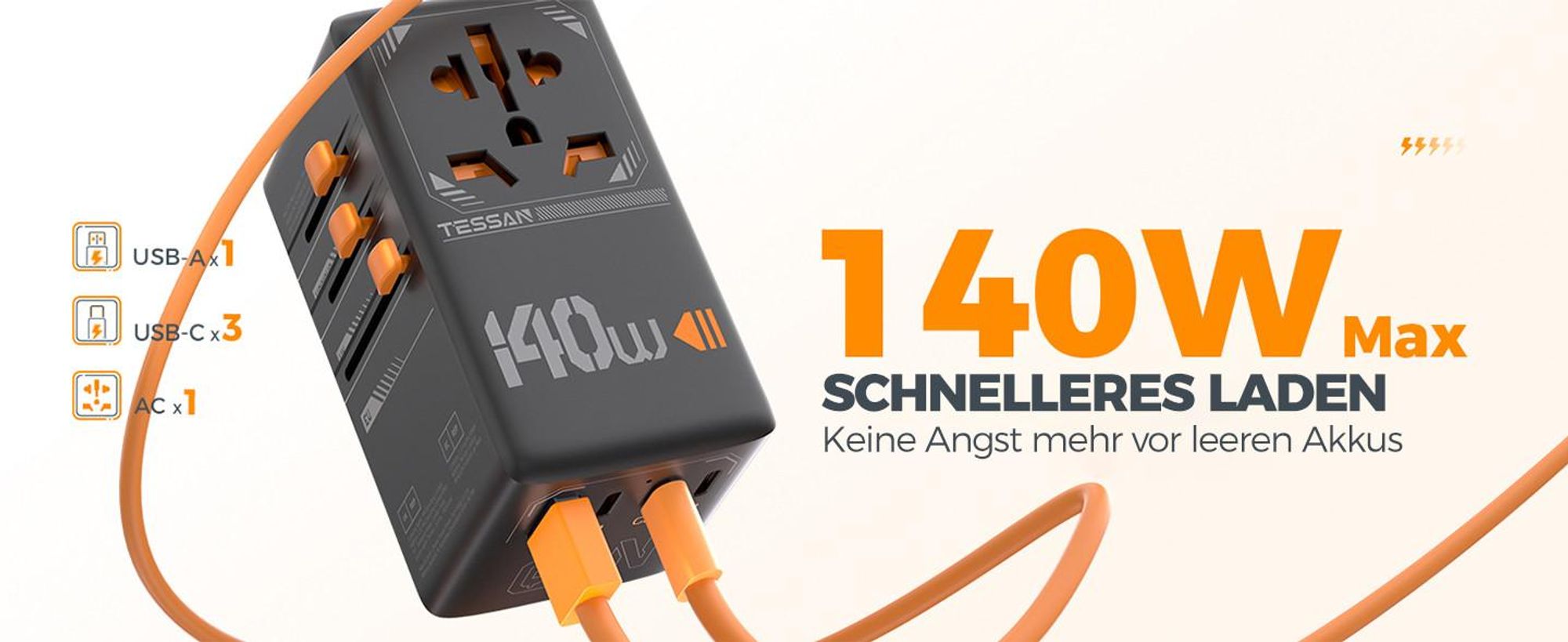 TESSAN Universal Reiseadapter 140W GaN Internationaler Steckeradapter mit 3 USB-C und 1 USB-A Typ C/G/A/I Schwarz