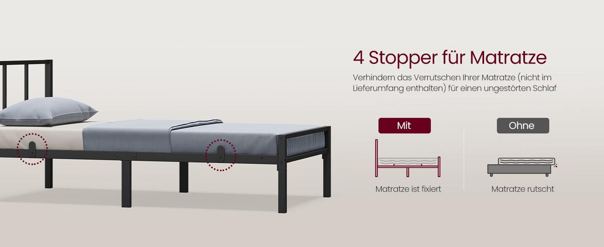 VASAGLE Metallbett 90 x 200 cm, stabiler Bettrahmen mit Kopfteil und Lattenrost, Bettgestell, einfache Montage, schwarz