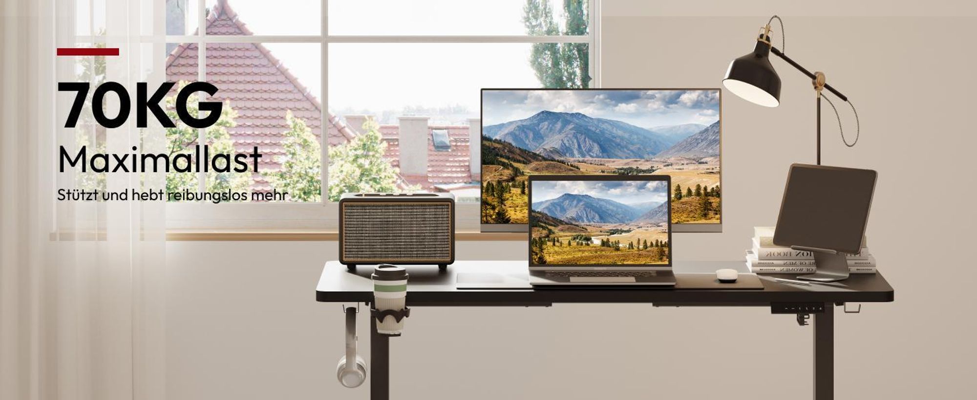 SANODESK Höhenverstellbarer Schreibtisch Upgrade 140×60cm 4 Memory-Funktion Becherhalter Haken Kabelmanagement 70kg Tragkraft Kollisionsschutz Schwarz