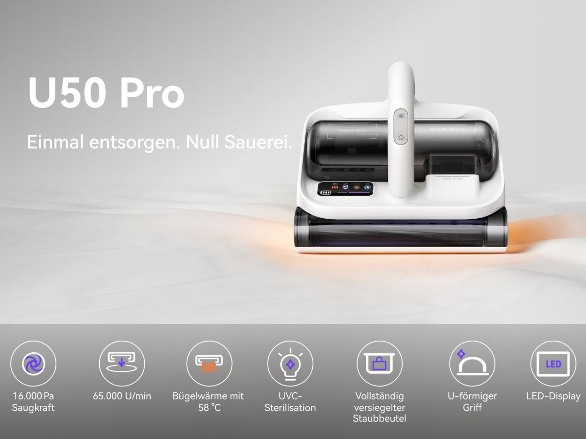 NARWAL U50 Pro Akku-Matratzenstaubsauger, 16 kPa, 58 °C, 65.000 Schläge/min, 1,65 kg, UV-C