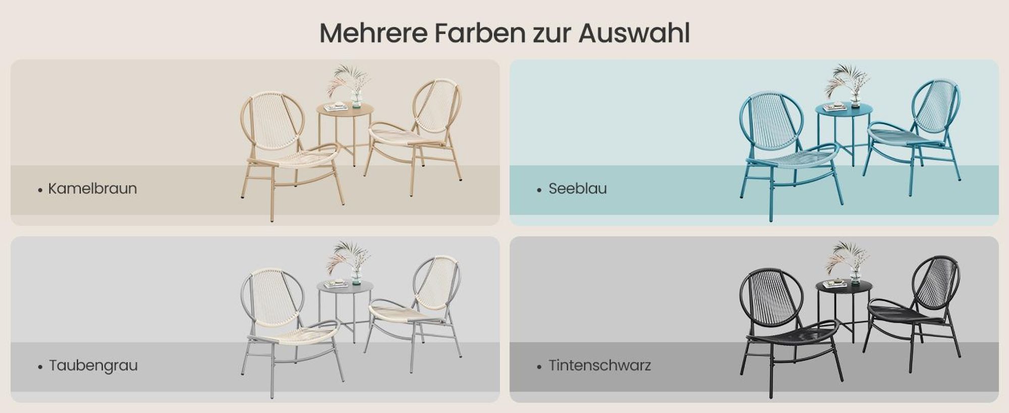 SONGMICS Balkonmöbel 3er Set, Gartenmöbel-Set mit Tisch und 2 Stühlen, PE-Polyrattan, grau
