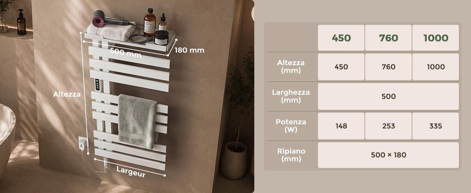 S'AFIELINA Scaldasalviette Elettrico con Ripiano 1050×500 mm 335 W Bianco,Termoarredo WiFi, Riscaldamento in Fibra di Carbonio, 6 Modalità