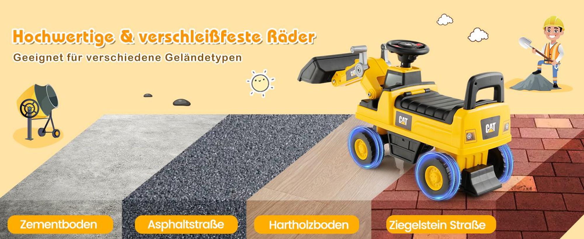 Sitzbagger, Bagger mit Lenkbarer Schaufel & Hupe, Rutschauto mit Stauraum unter Sitz, Aufsitzbagger mit Anti-Rutsch-Räder & Anti-Rollover-Vorrichtung für 1-3 Jahre (Bulldozer)