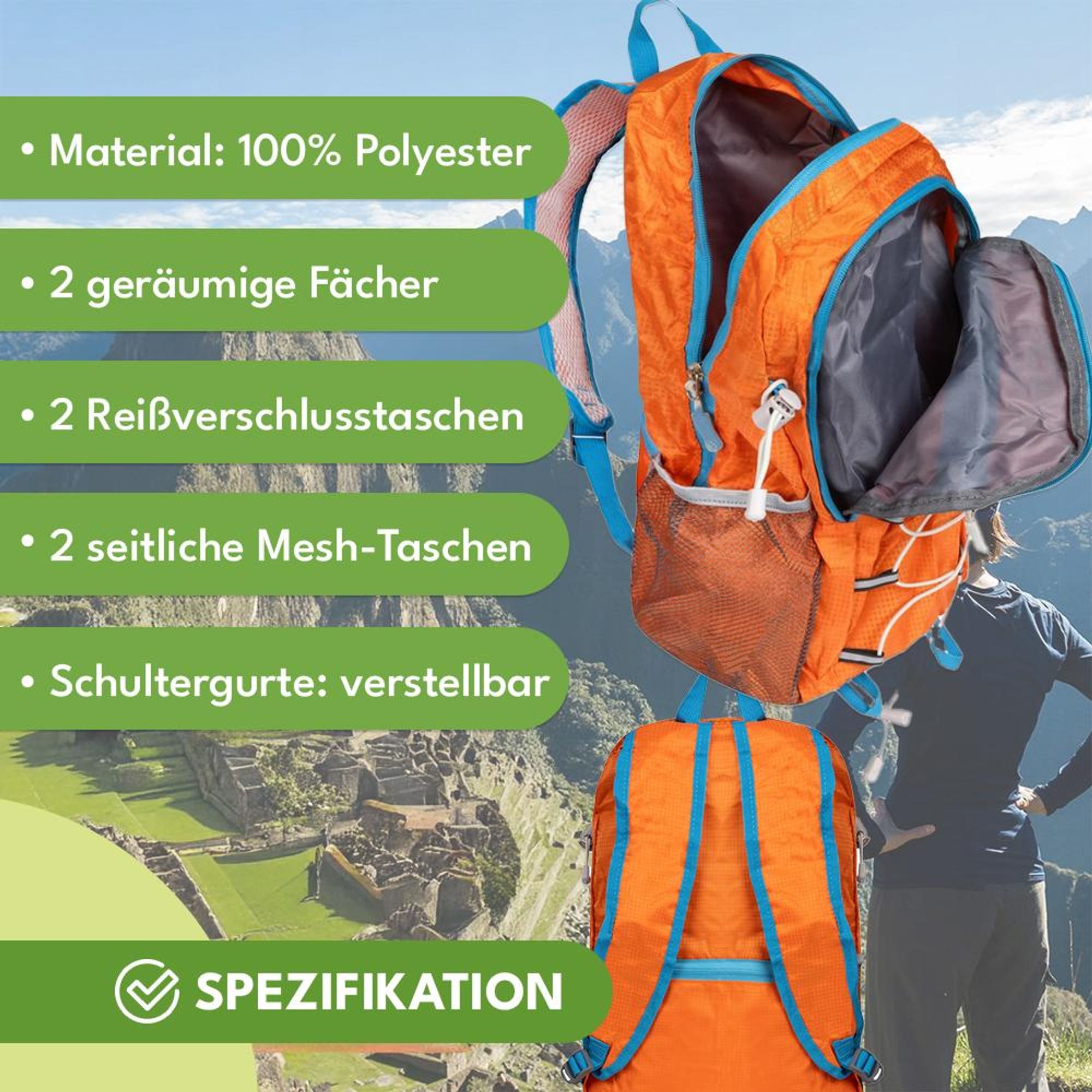 KRUMAD Leichter Wanderrucksack 25L Faltbarer Sportrucksack Wasserdicht Reiserucksack für Camping Trekking, Orange