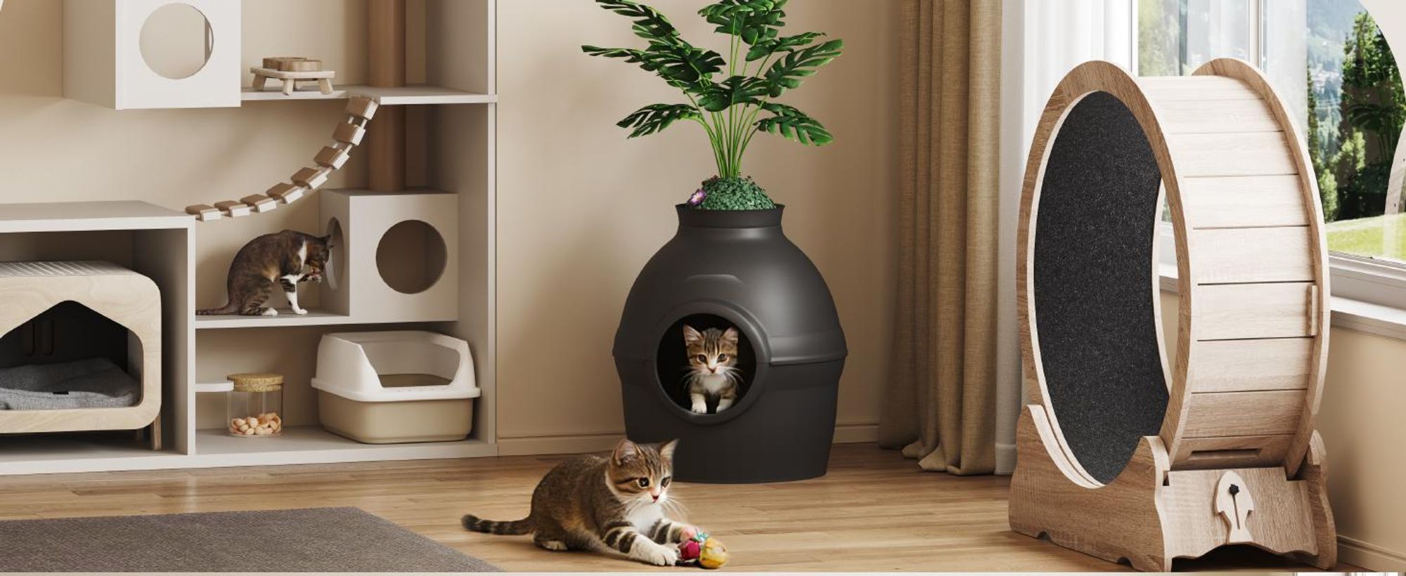 Mondeer 2-in-1 Katzentoilette & Schlafhöhle mit Deko-Pflanze, individuell gestaltbar, belüftet – inkl. Katzenangel und Schaufel Schwarz