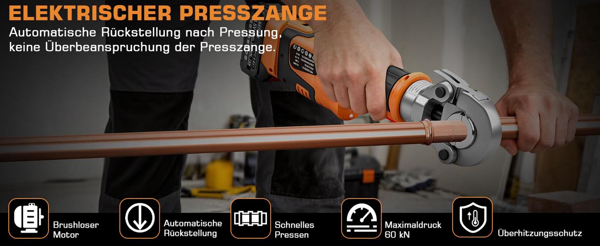 Akku Presszange V-Kontur TH-Kontur, LCD-Display, Hilfsgurt, Automatische Druckentlastung, Crimpzange für Kupferrohre Edelstahlrohre Verbundrohr