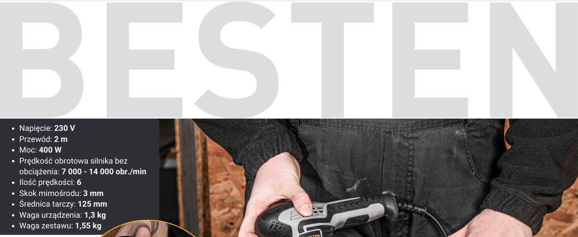 Szlifierka oscylacyjna mimośrodowa BESTEN 400W, szlifierka rotacyjna, regulacja prędkości, odsysanie pyłu