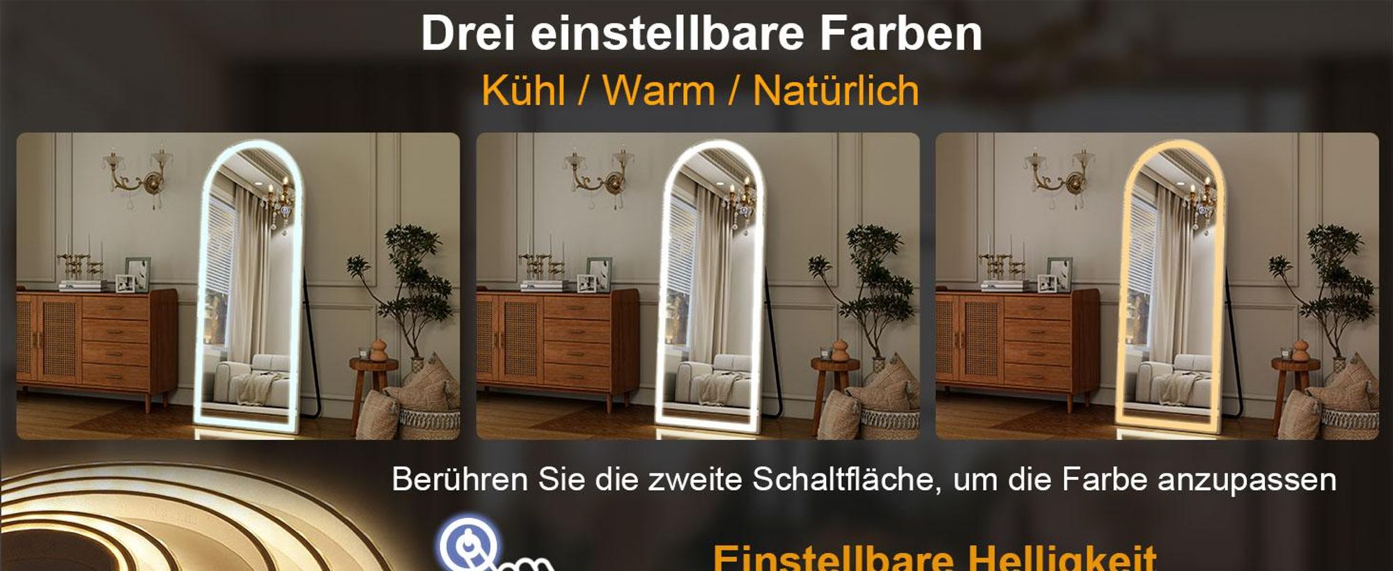 Koonmi LED Ganzkörperspiegel 180 x 76 cm stabiler Rahmen mit Touch, LED Spiegel mit Touchsteuerung, 3 Lichtfarben und beschlaghemmender