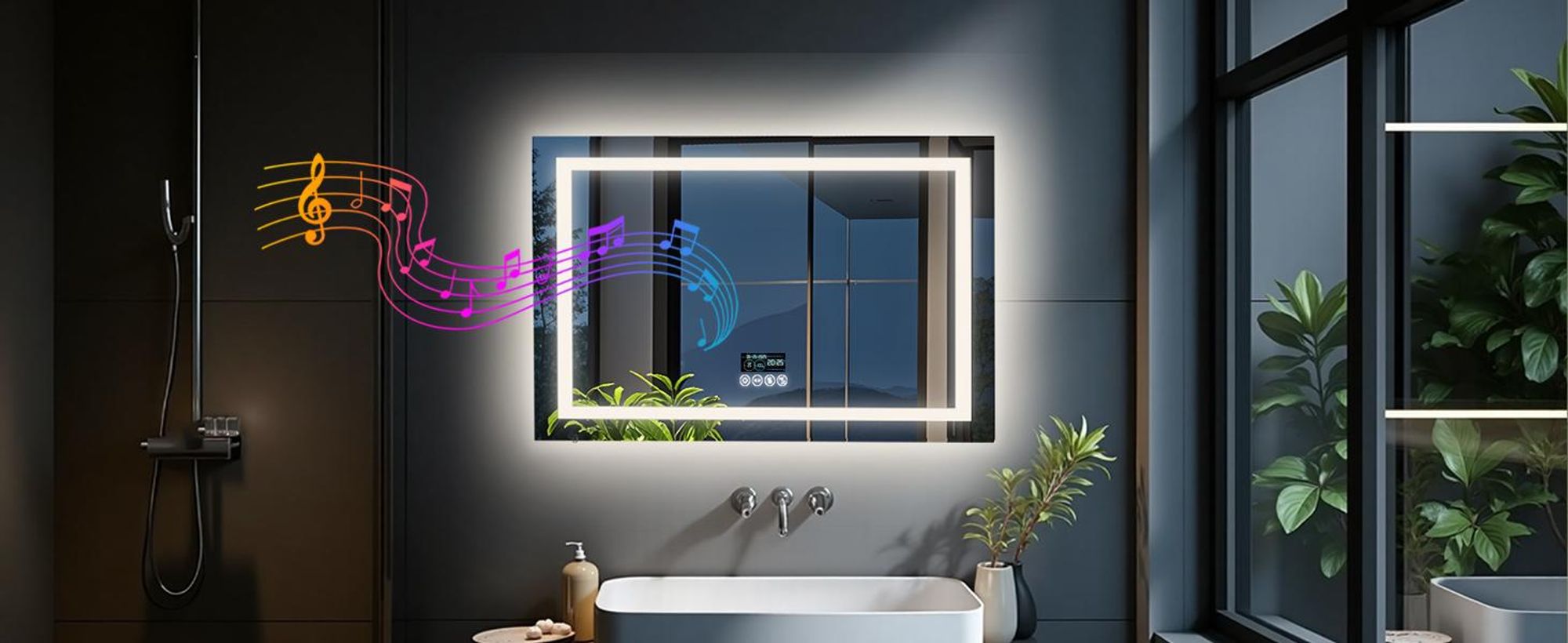 WISFOR LED Badspiegel mit Bluetooth Lautsprecher, 80x60cm Badezimmerspiegel mit Beleuchtung 3 Lichtfarbe, LED Wandspiegel dimmbar beschlagfrei