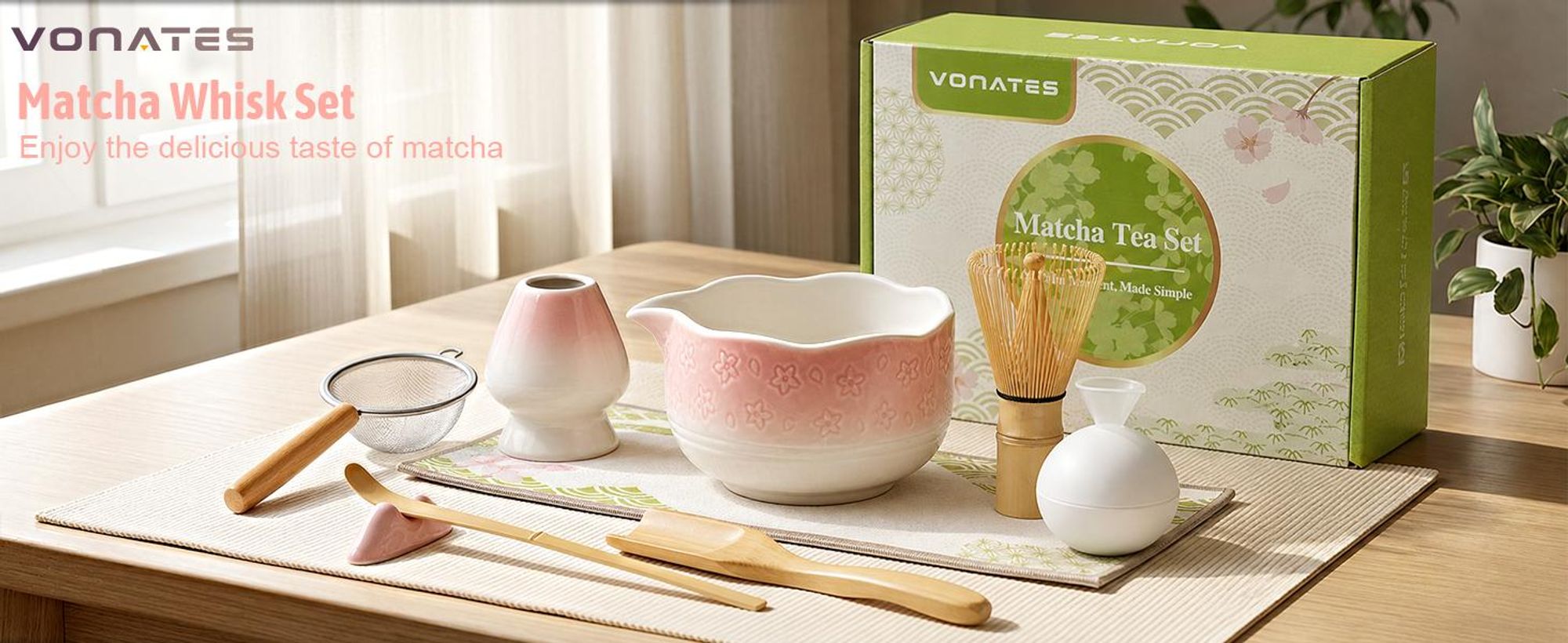VONATES Matcha Set 9-tlg. mit Matcha-Schale, Bambus-Besener & Halter, Sieb, Löffel, Tuch, Eisform - Starter-Kit für Teezeremonie & Geschenk, Pink Farbverlauf