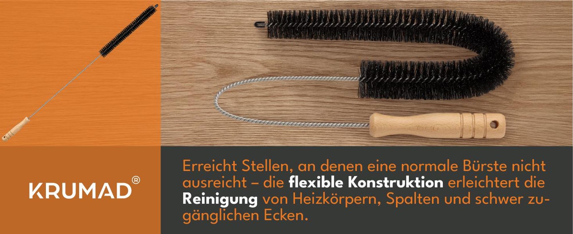 KRUMAD Heizkörperbürste 70 cm Lang, Flexible Heizungsbürste mit Holzgriff, Reinigungsbürste für Flachheizkörper Radiatoren