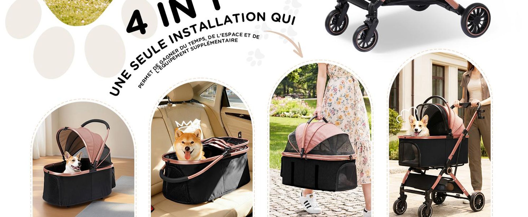 Poussette pour chien COMHOMA pliable jusqu'à 25 kg, roue avant pivotante à 360° en EVA et freins arrière, poussette pour chien 4 en 1, poussette pliable pour chat, couleur or rose
