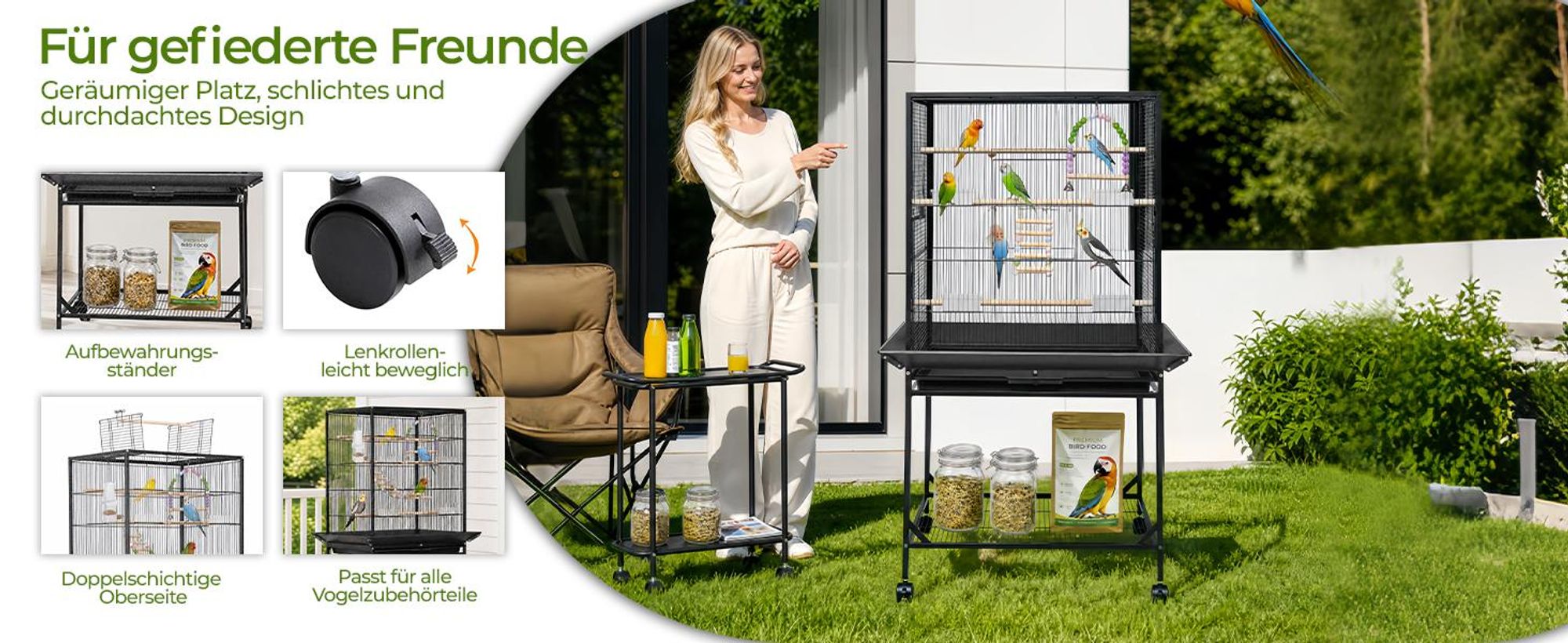 Vogelkäfig mit Ständer und Rollen, 61,5 × 43 × 150 cm, Vogelvoliere mit Freisitz für Wellensittiche, Nymphensittiche & kleine Papageien, Schwarz
