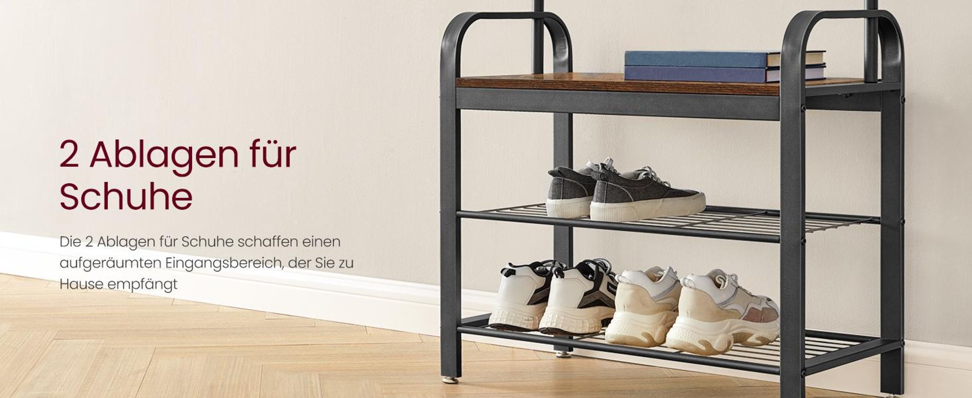 VASAGLE Garderobenständer,183 x 72 x 33,7 cm, mit 9 Haken und Schuhregal-RSH40