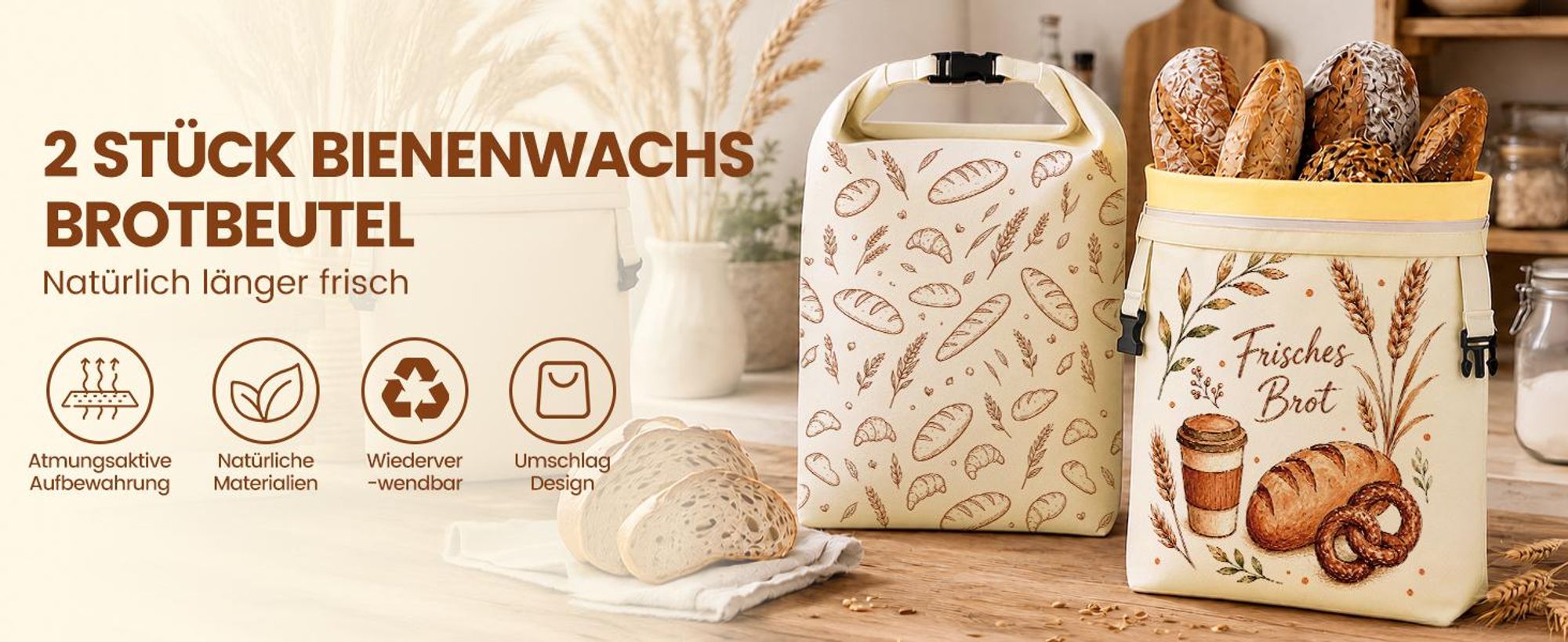 Brotbeutel Bienenwachs 2 Stück, Standboden, Mehrfachdichtung für Frischhaltung 43x32 cm