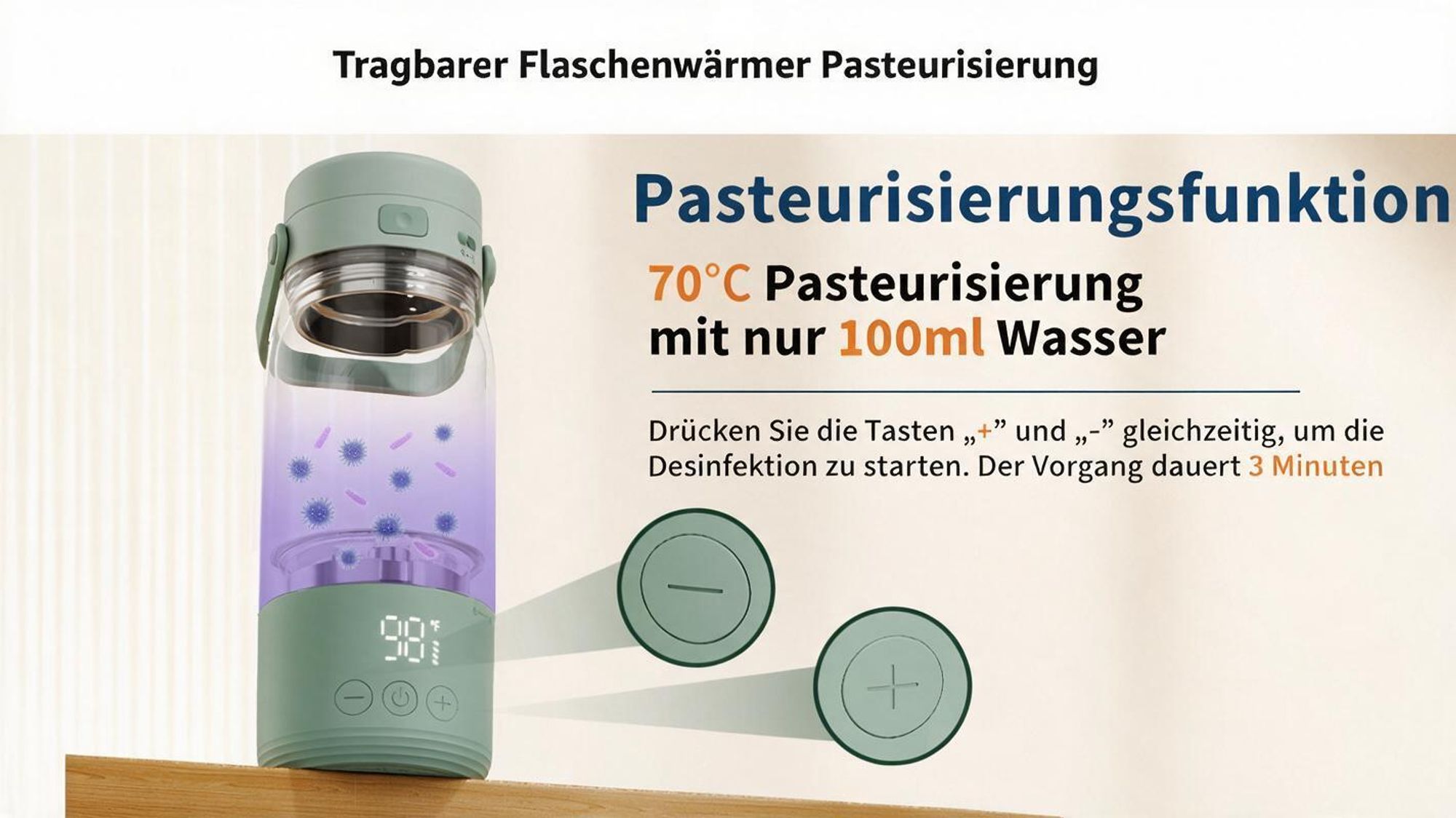 Tragbarer Babyflaschenwärmer für unterwegs, Flaschenwärmmit baby 500 ml 12800 mAh Akku, 2 Minuten bis 37°C, ±1°C LED Display, USB-C, IPX7
