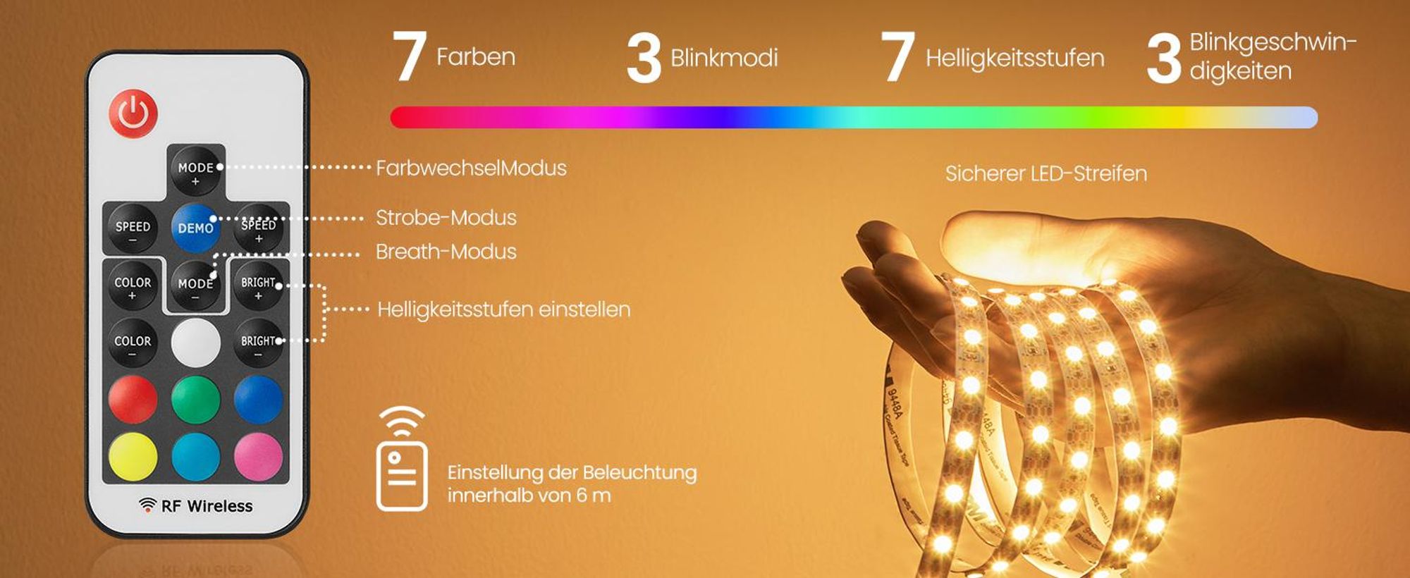 VASAGLE Bücherregal mit LED-Beleuchtung, 6-stufiges Eckregal aus Stahl, für Arbeitszimmer, Wohnzimmer, Schlafzimmer, braun