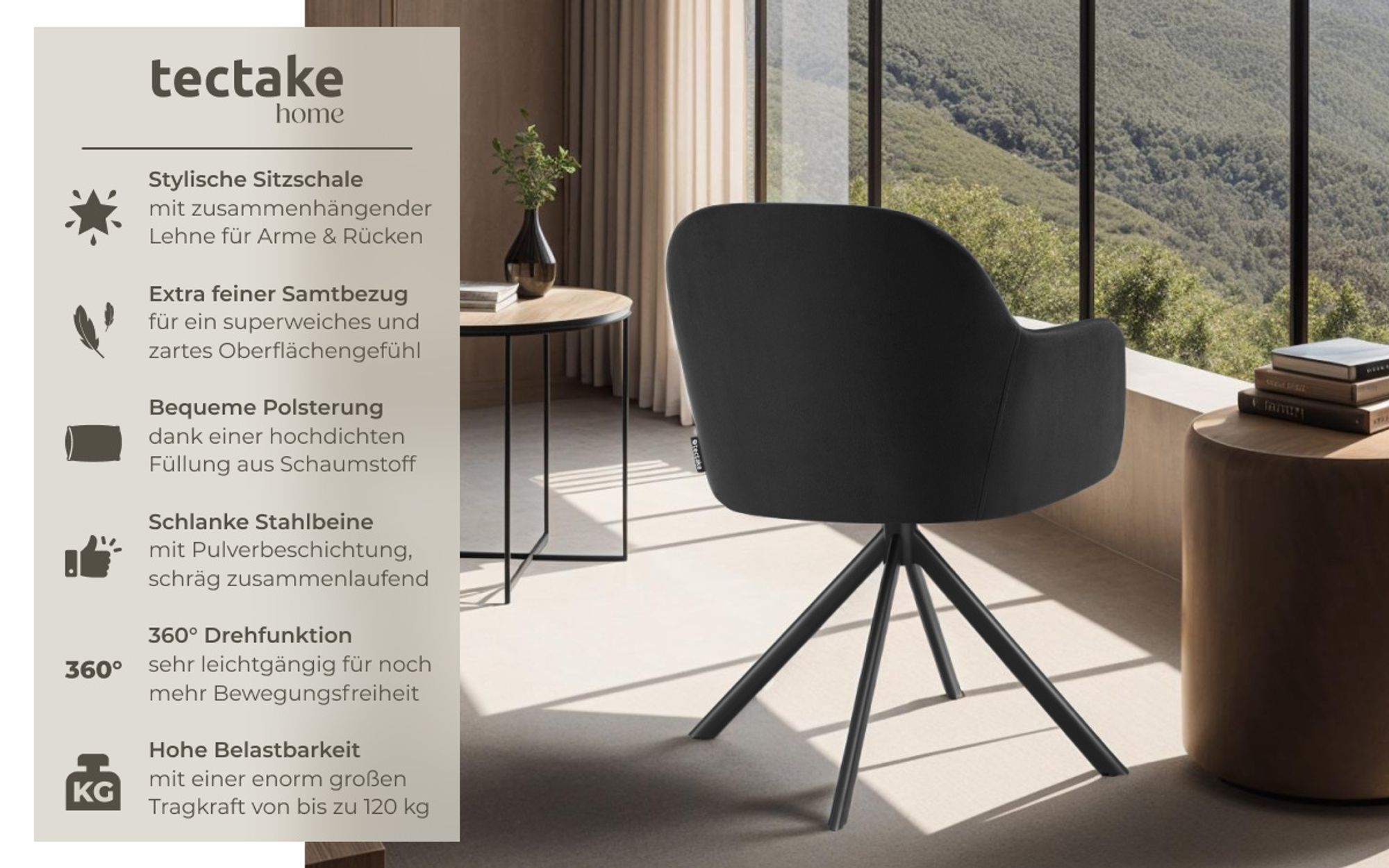 tectake® Samt-Drehstuhl Lona gepolstert 56 x 59 x 81 cm
