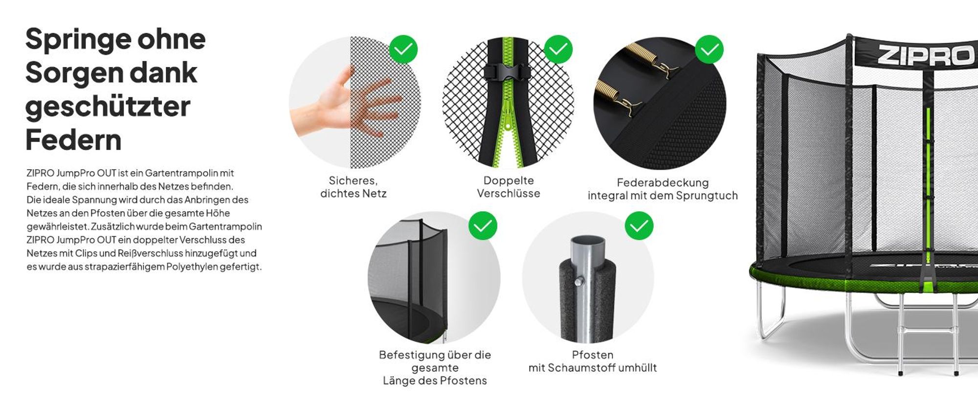 ZIPRO Trampolin Jump Pro Out | 8FT Ø 252 cm | Gartentrampolin Kindertrampolin Komplett-Set inkl. Außennetz, Leiter & Randabdeckung, Outdoor, Grün