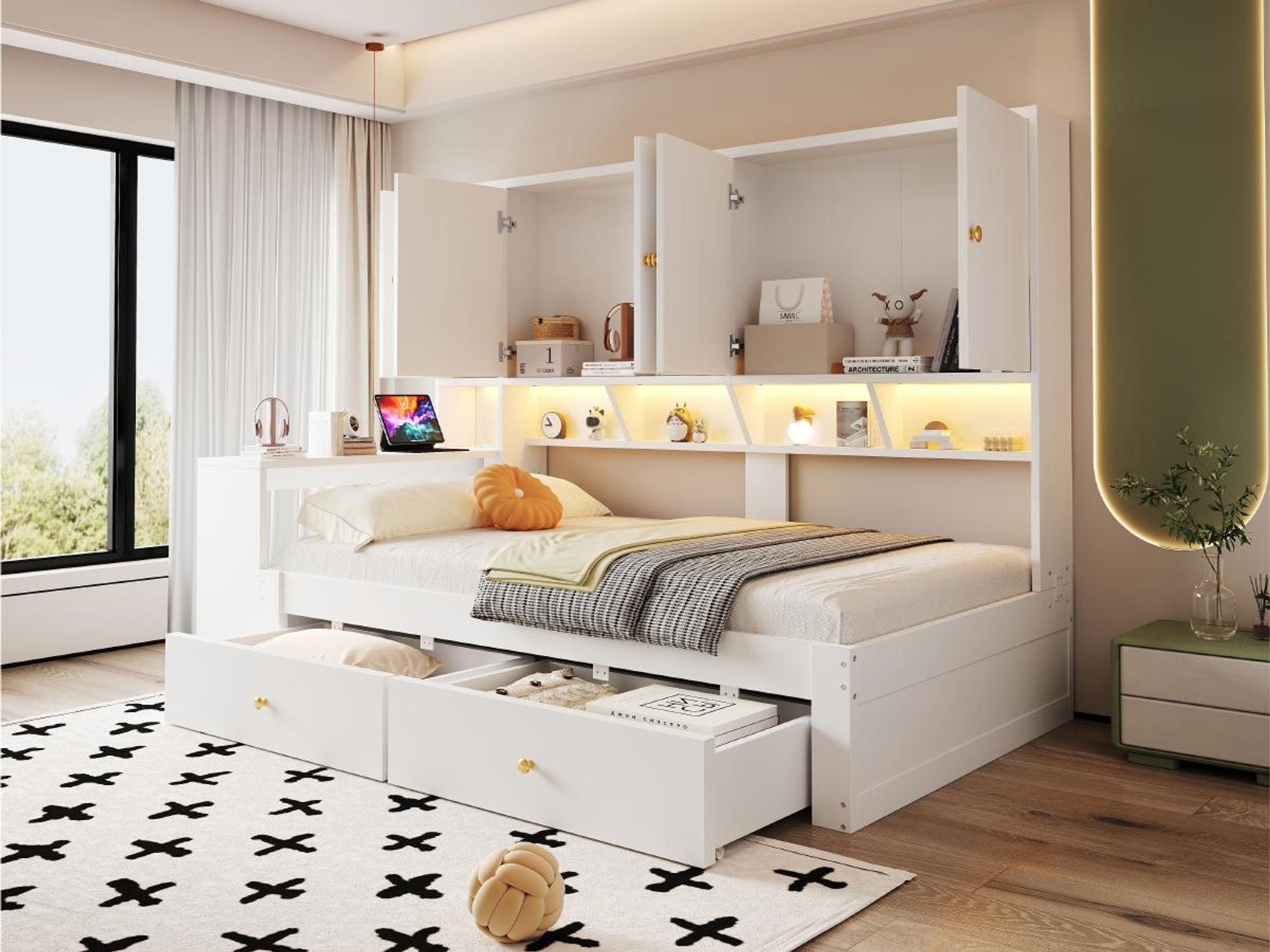 Flieks Jugendbett 90x200cm mit Schreibtisch, Einzelbett mit Schränken und Ablagefächern, Holzbett mit Schubladen, LED-Beleuchtung und Steckdosen, Weiß