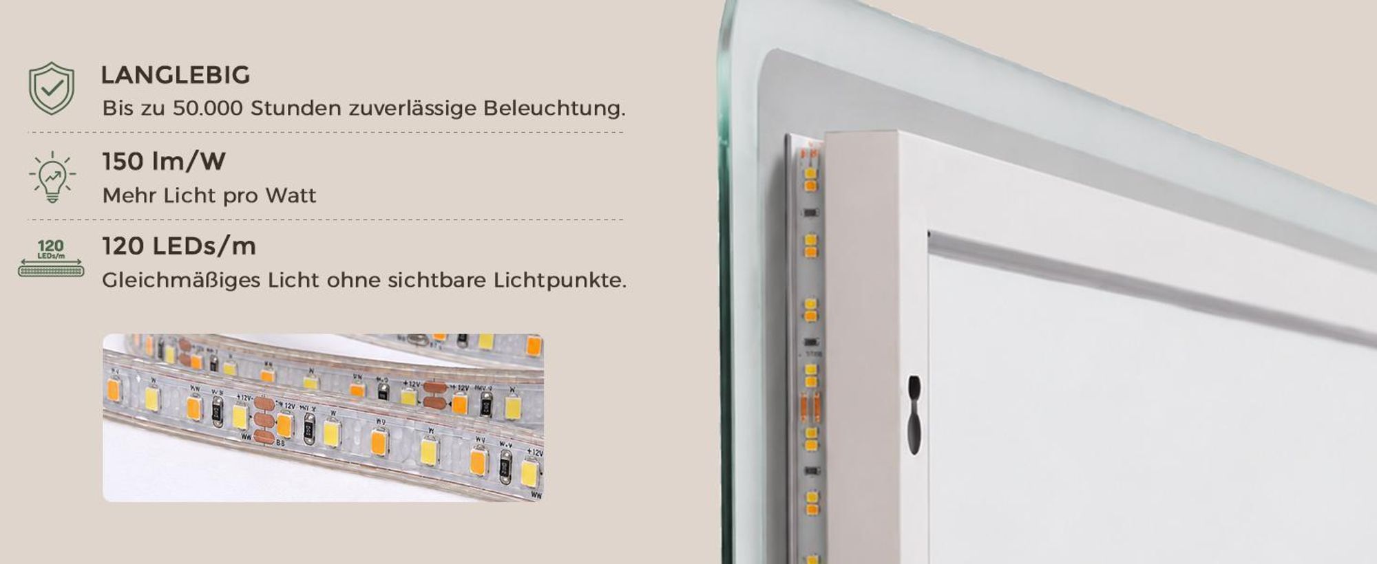 S'AFIELINA Badspiegel mit Beleuchtung und Bluetooth 5.3, 120 × 60 cm, 3× Kosmetikspiegel, Antibeschlag, 3 Lichtfarben, dimmbar, Touch & Memory