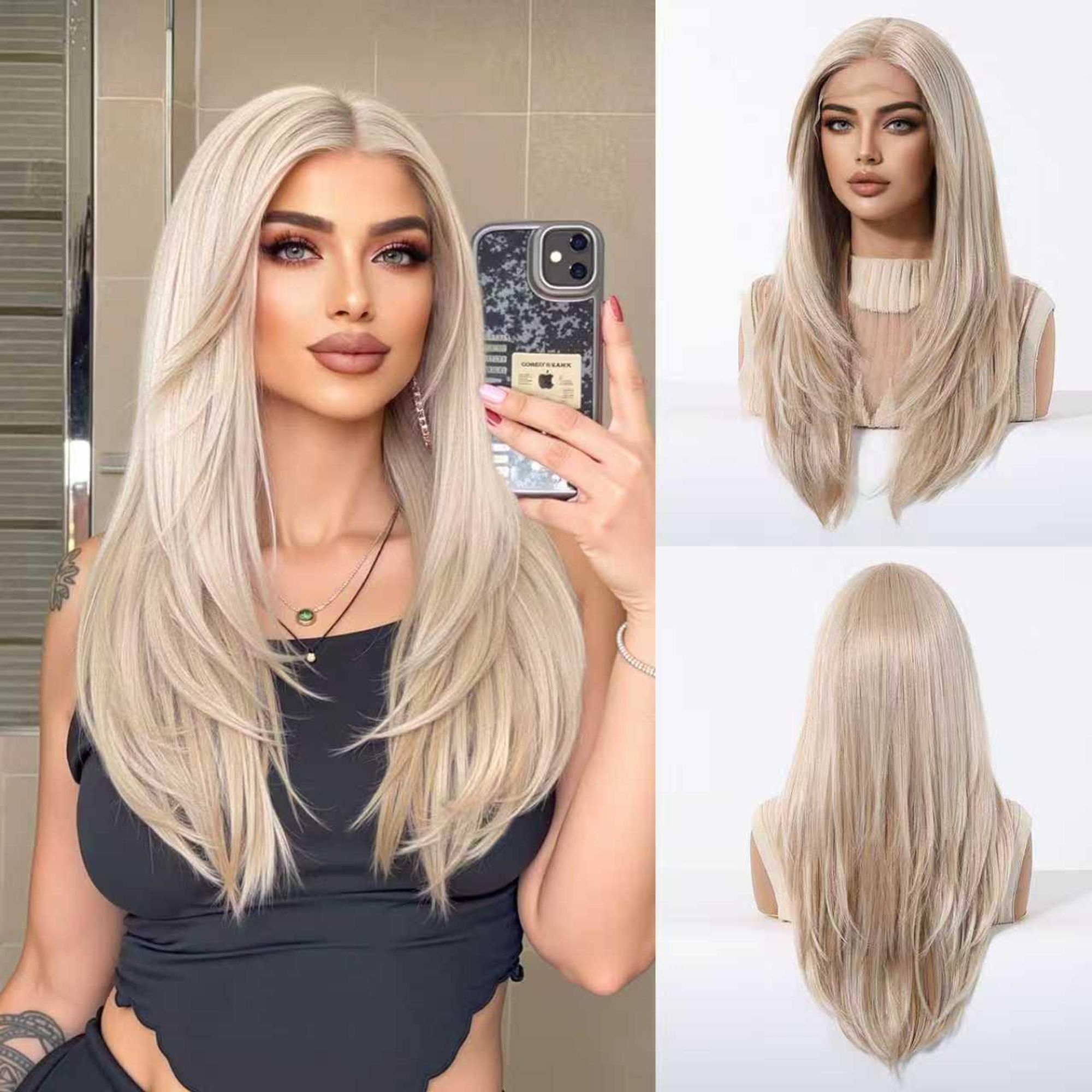 SassyGoods blonde Perücke mit Front-Lace – Damenperücken mit langem Haar – Haarteil – Waschbar – 55 cm