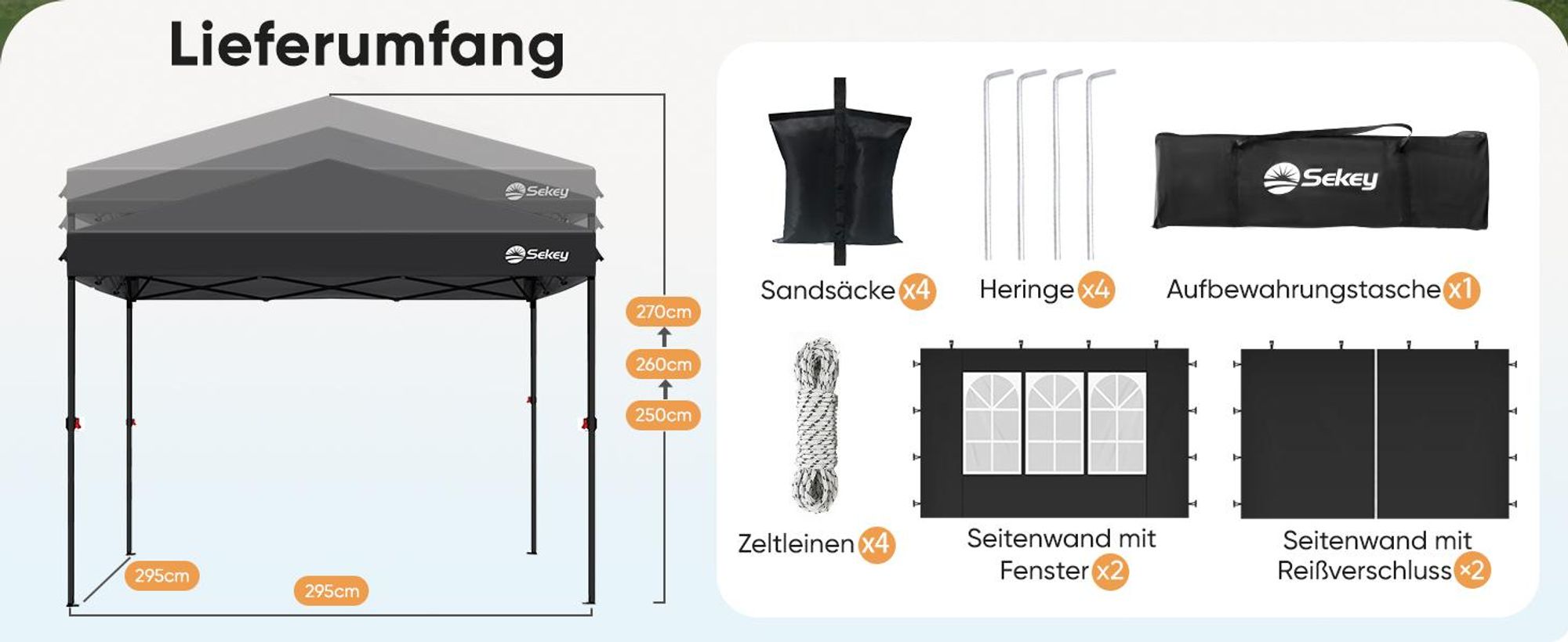 Sekey Faltpavillon 3x3 mit 4 Seitenwänden und mit 4 Sandsäcke, Wasserdicht Pop Up Pavillon für Camping, Festival, Events, Picknicks, Schwarz