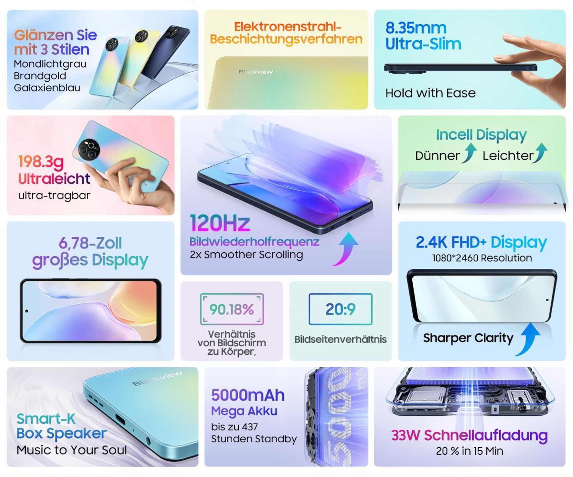 Blackview Shark 8 Smartphone Handy Ohne Vertrag 16GB+256GB 120Hz 2.4K 6.78" FHD+, Helio G99 Android 13 Handy Ohne Vertrag, 64MP+13MP Kamera, 5000mAh