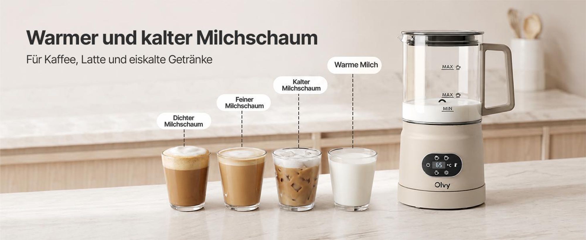 Olvy Elektrischer Milchaufschäumer aus Glas 4-in-1, 500 W, Temperaturanzeige, 160 ml Milchschaum, 400 ml Milcherhitzung, Heiß- & Kaltschaum, Beige