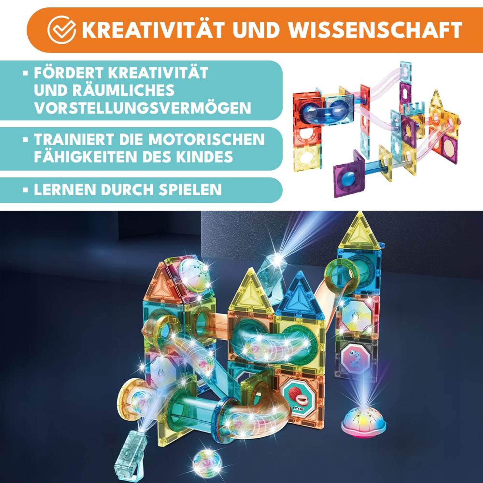 KRUMAD Magnetische Bausteine 106 Stück – Lernspielzeug ab 3 Jahren mit leuchtenden Kugeln & Röhren – Magnetspielzeug für Kinder, Jungen & Mädchen