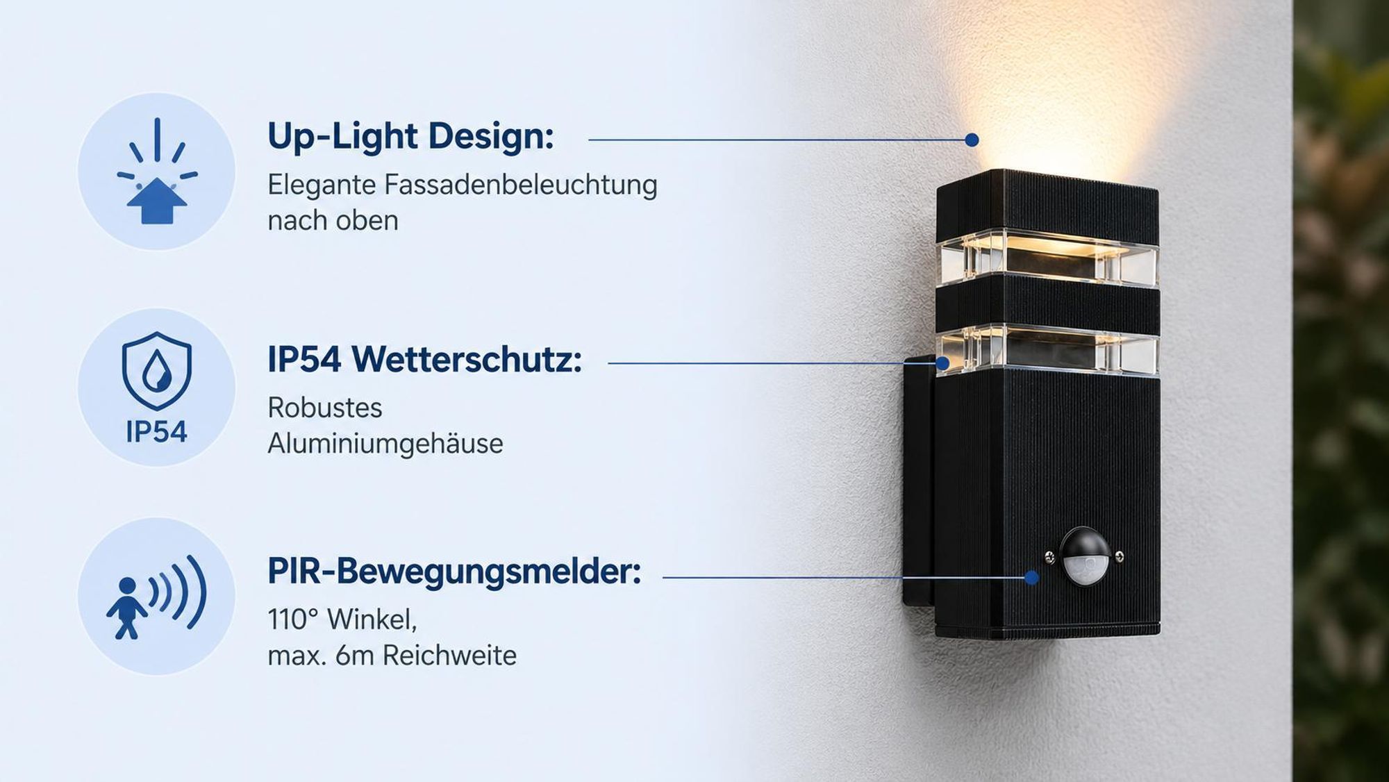 MasterLED LED Außenwandleuchte IP54 mit PIR Bewegungsmelder Inez GU10 Wandleuchte Außen Schwarz Aluleuchte Fassadenlampe