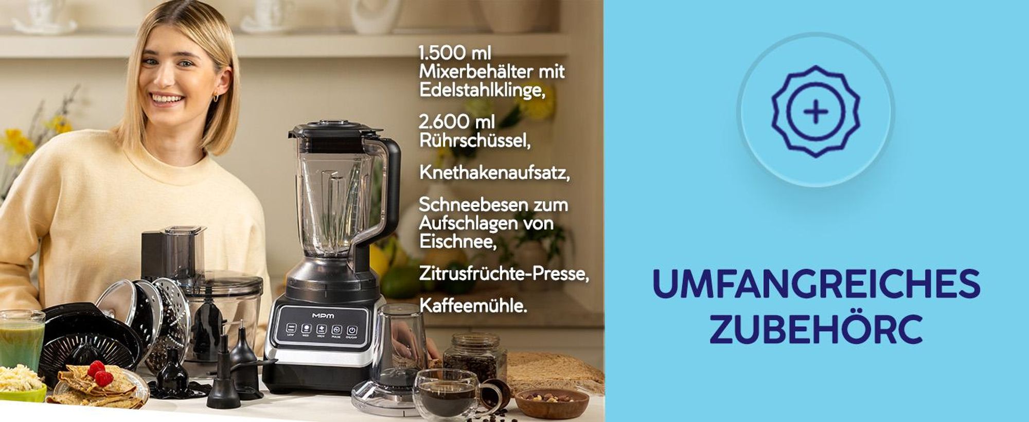MPM Küchenmaschine 2000W Food Processor 11in1 Mixer Blender Zerkleinerer Reibe Entsafter Eiscrusher 2,6L 1,5L, Kartoffelpuffer, Edelstahl MRK-27