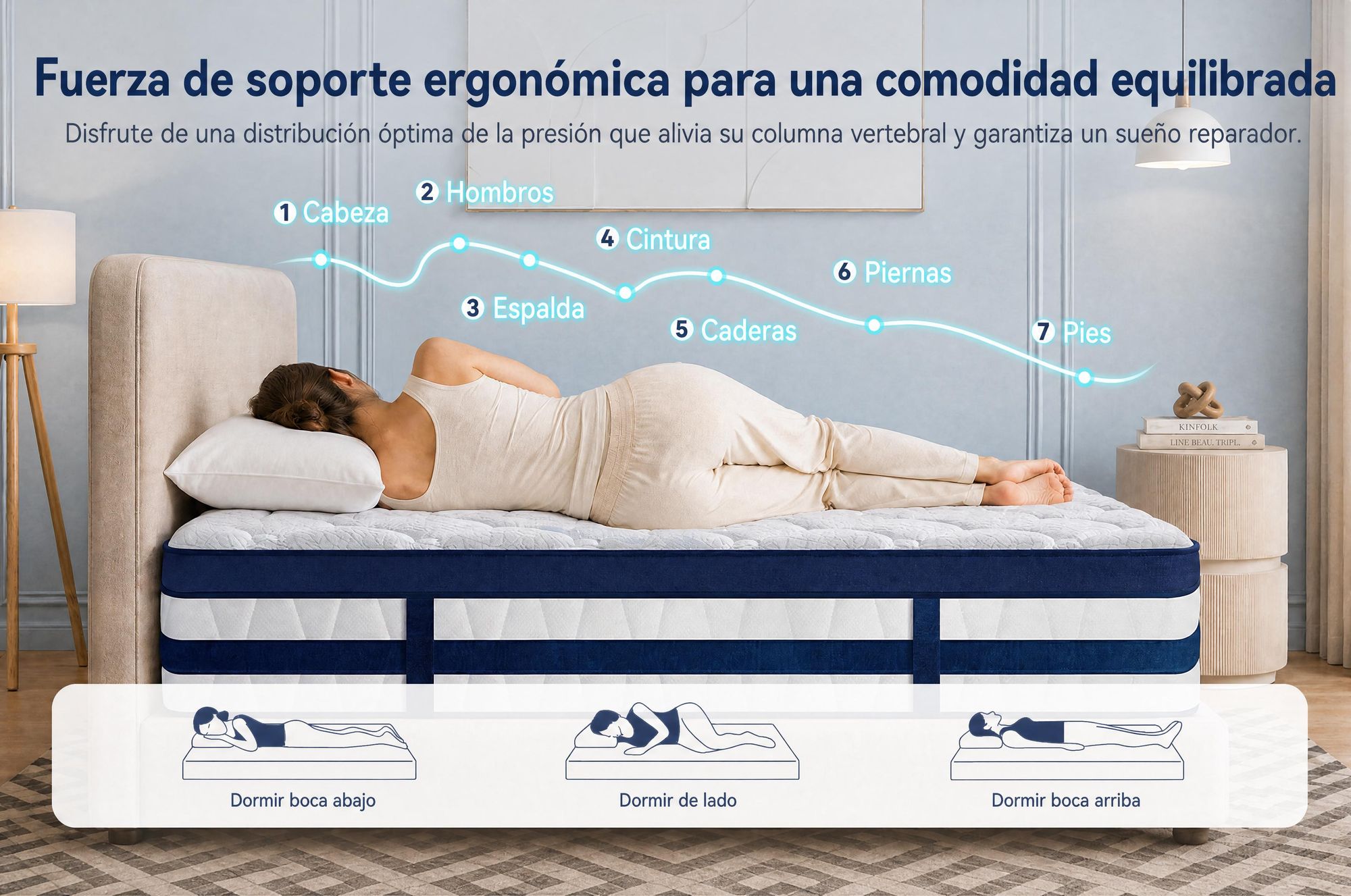 Colchón de 90x190 cm, con una altura de 26 cm, que incluye un acolchado superior integrado. Colchón de muelles ensacados con 7 zonas, firmeza H3/H4. Funda de alta calidad de 420 g/m²
