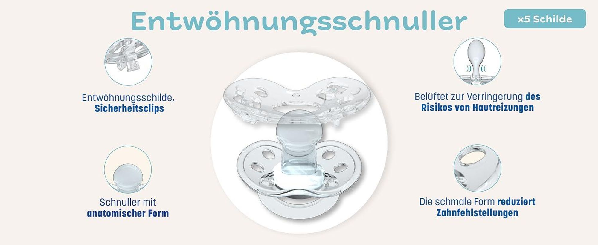 Clipp Set - Entwöhnungsschnuller Sterne + 5 Manschetten für die schrittweise Entwöhnung + Gebrauchsanweisung – Ab 2 Jahren