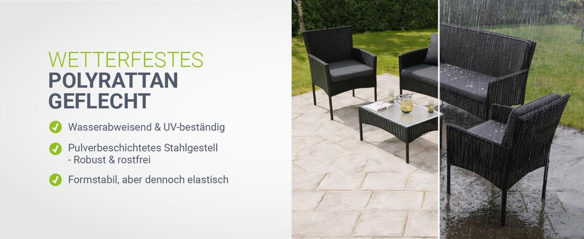 Juskys Polyrattan Gartenmöbel-Set Fort Myers inkl. Abdeckung - Tisch, Sofa & 2 Stühle - Schwarz Grau
