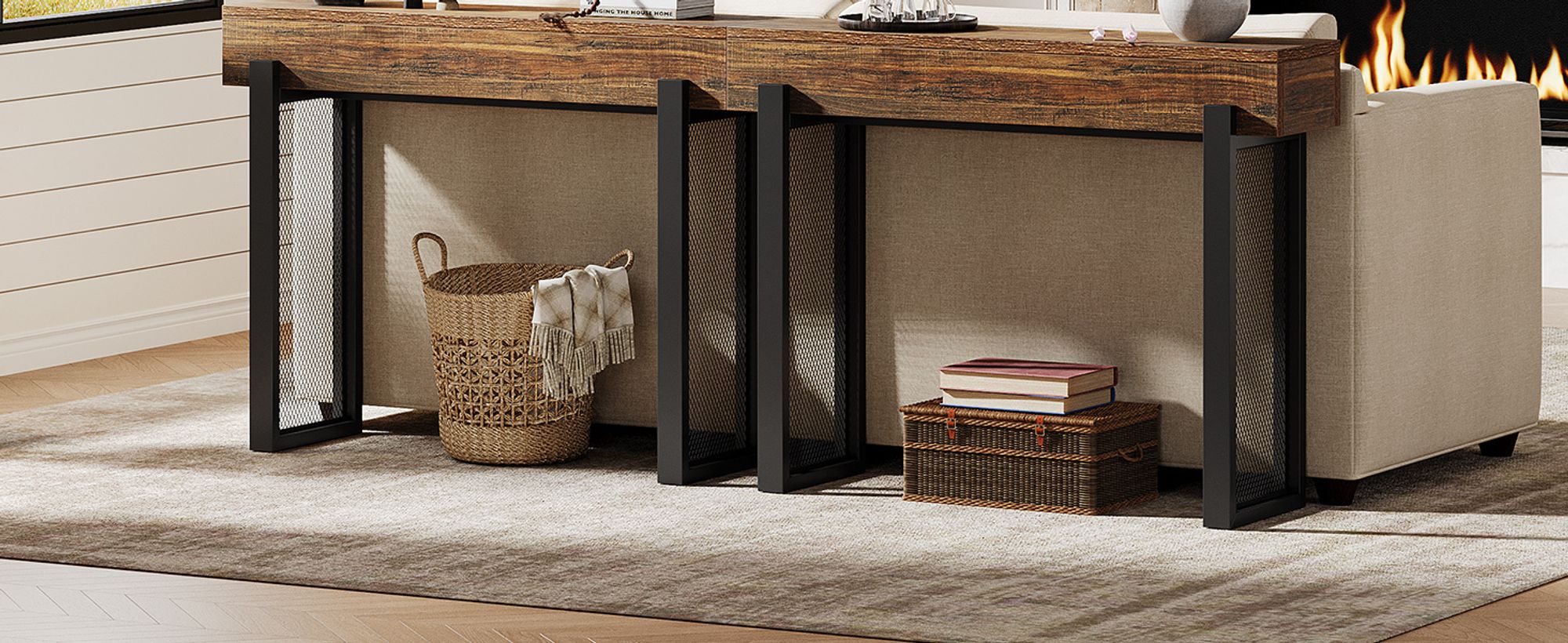 Tribesigns Konsolentisch mit Stauraum, 105 cm Eingangstisch im Industriestil aus Metallgeflecht, schmaler Sofatisch für Wohnzimmer, Flur, rustikal