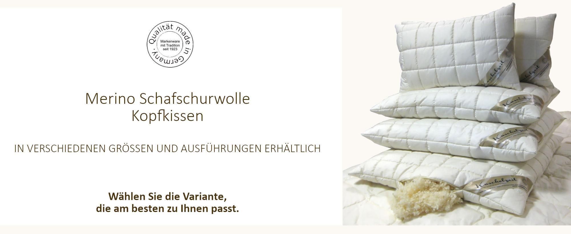 Kissenstapel mit verschiedenen Ausführungen und Größen von Merino Schafwoll Kissen.