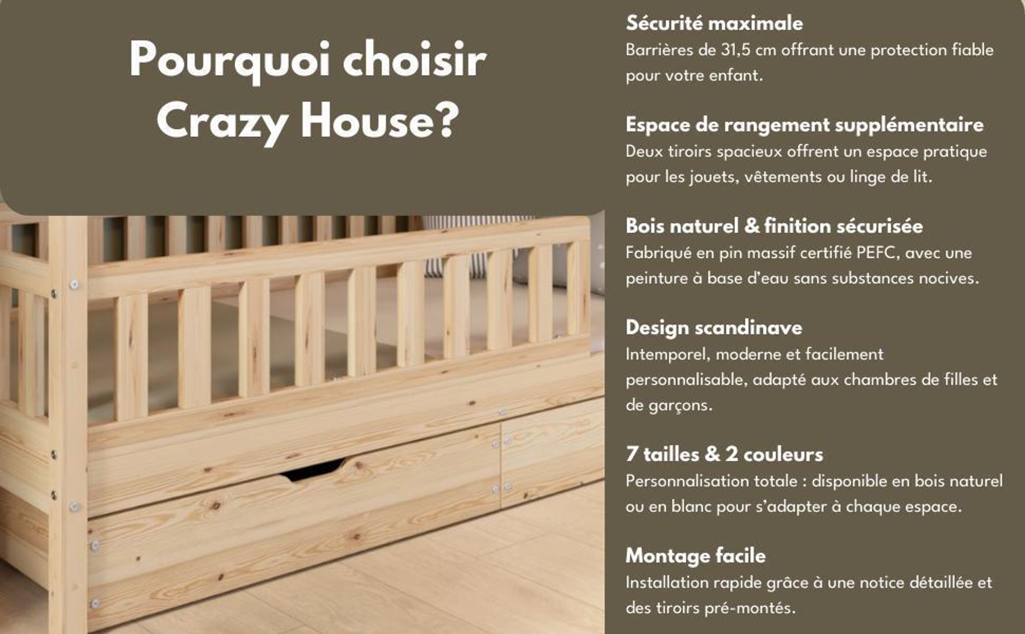 Crazy Pine Lit cabane avec tiroirs 80x160 cm - Lit d'enfant en bois naturel - Lit au sol avec espace de rangement et barrière amovible - Crazy House